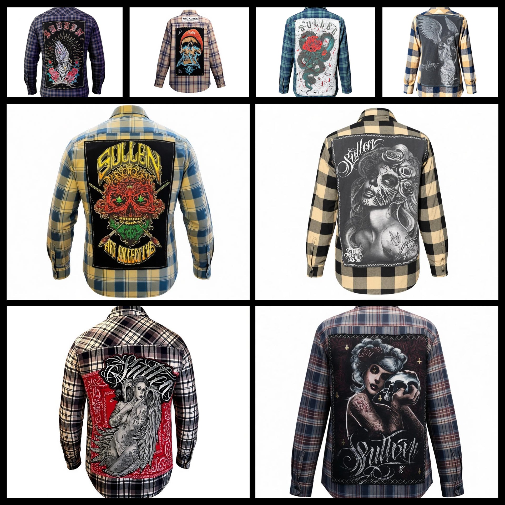 Broken Bandit × Sullen (Upcycled Collection) showcasing unique tattoo-inspired flannel shirts.