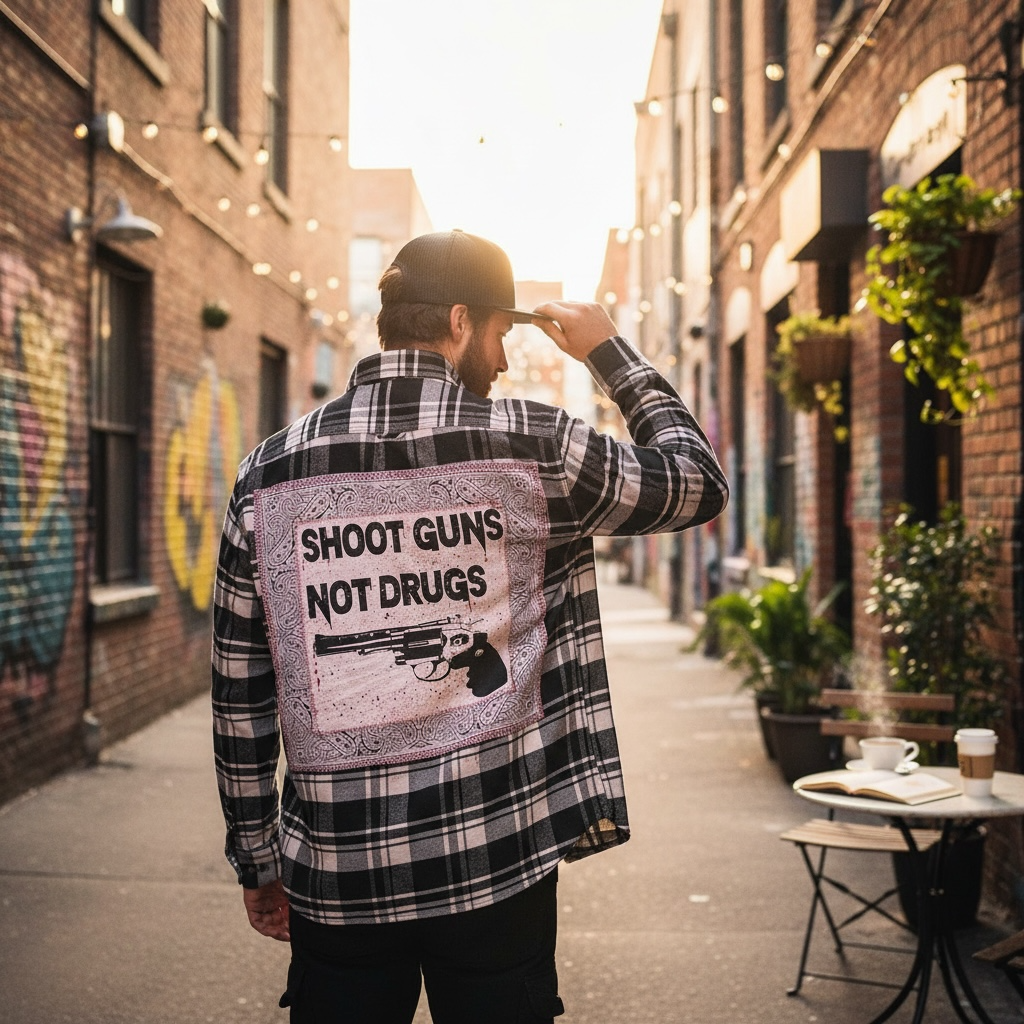 Man wearing a shirt with the message 'Shoot Guns, Not Drugs' in a stylish alleyway.