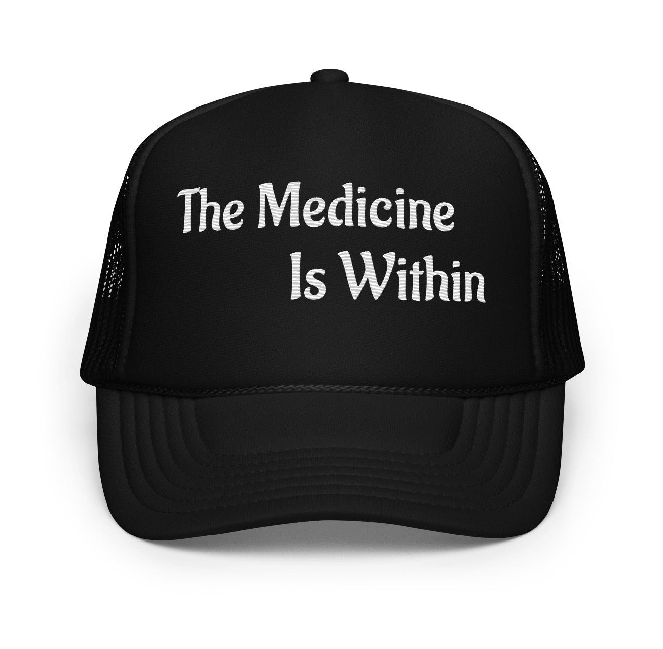 Chosen Clarity black trucker hat with the text 'The Medicine Is Within' embroidered on the front.