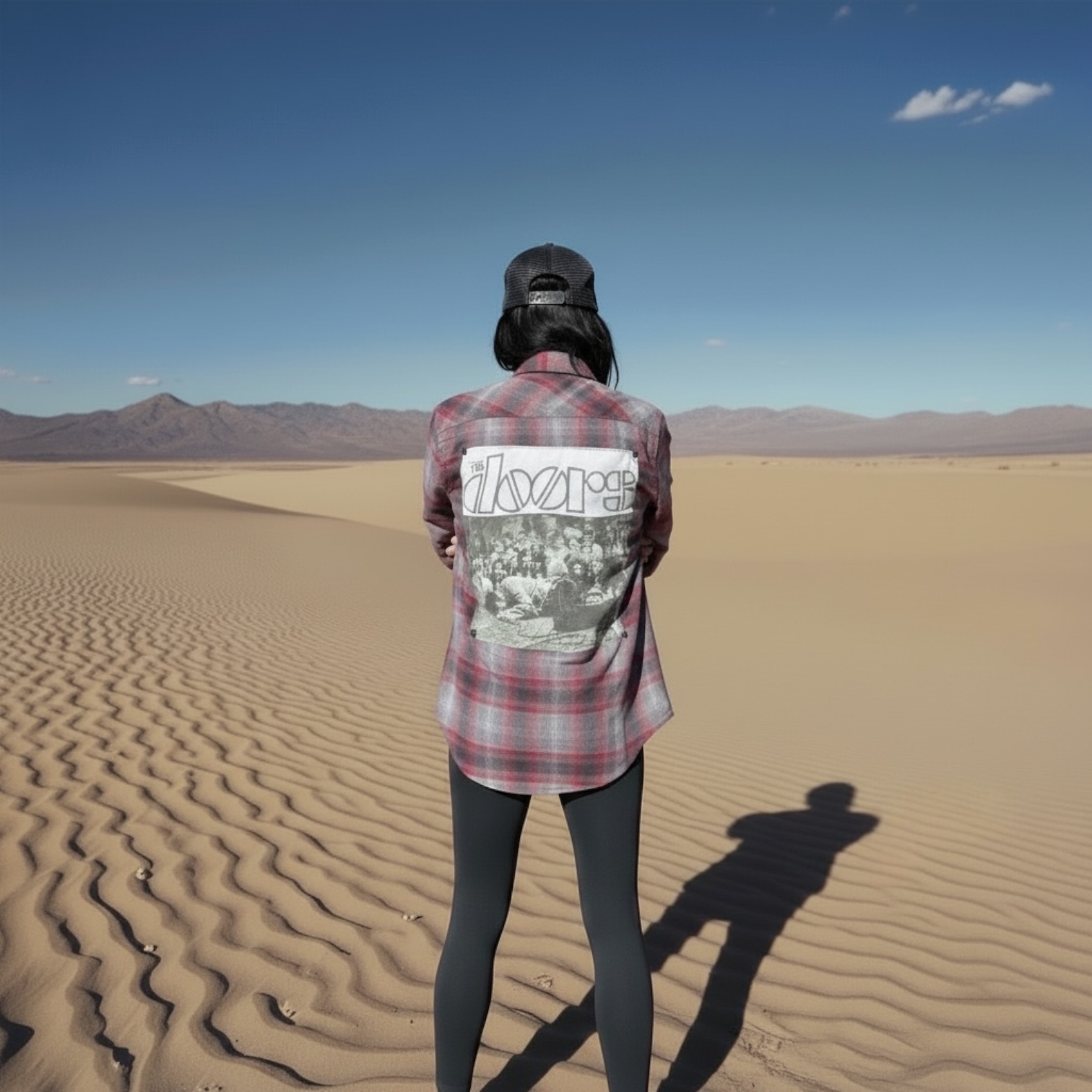 Person wearing a unique flannel shirt with a graphic design in a desert landscape, showcasing Wearable Art Flannels.