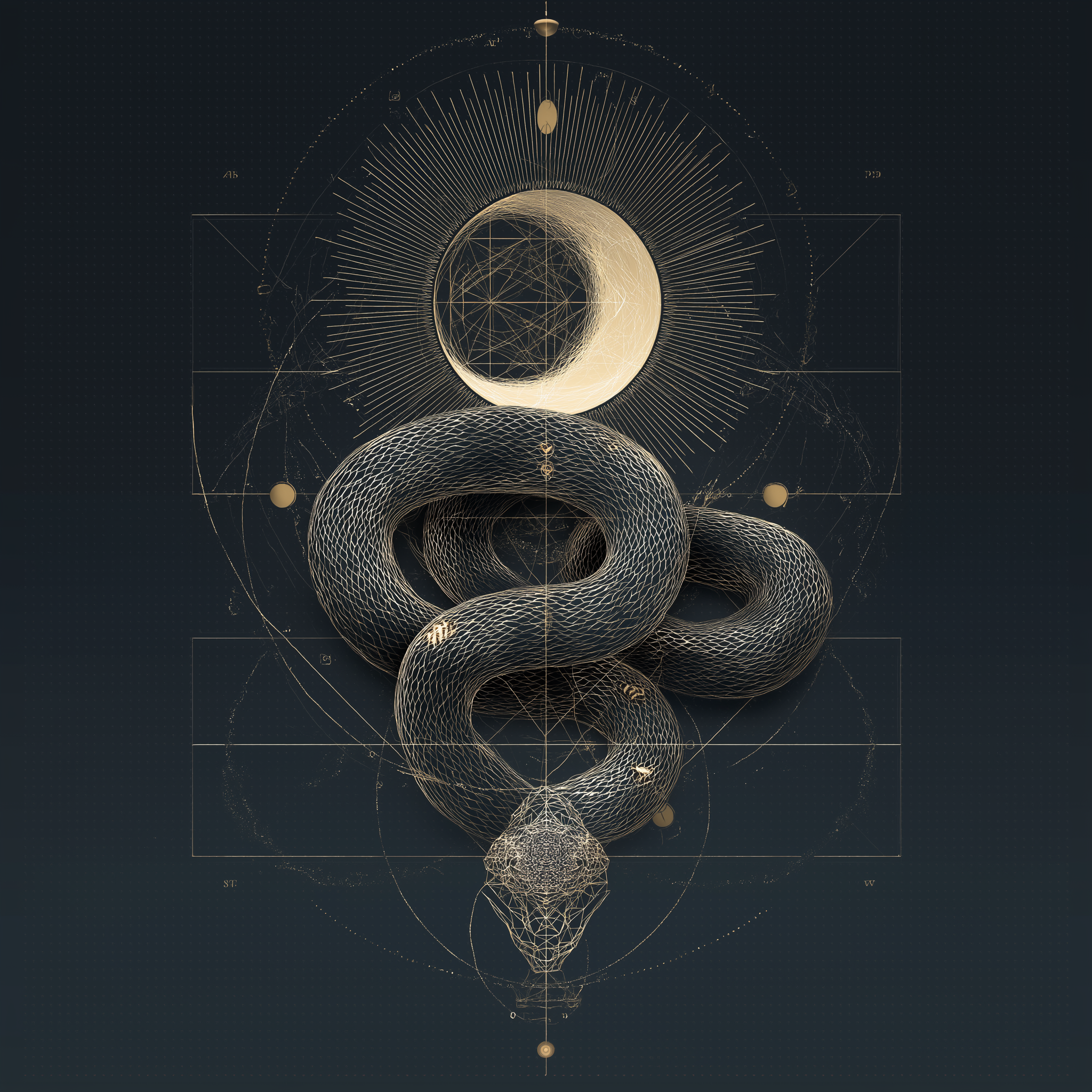Artistic representation of Spiritual Warfare featuring a serpent, geometric patterns, and celestial elements.