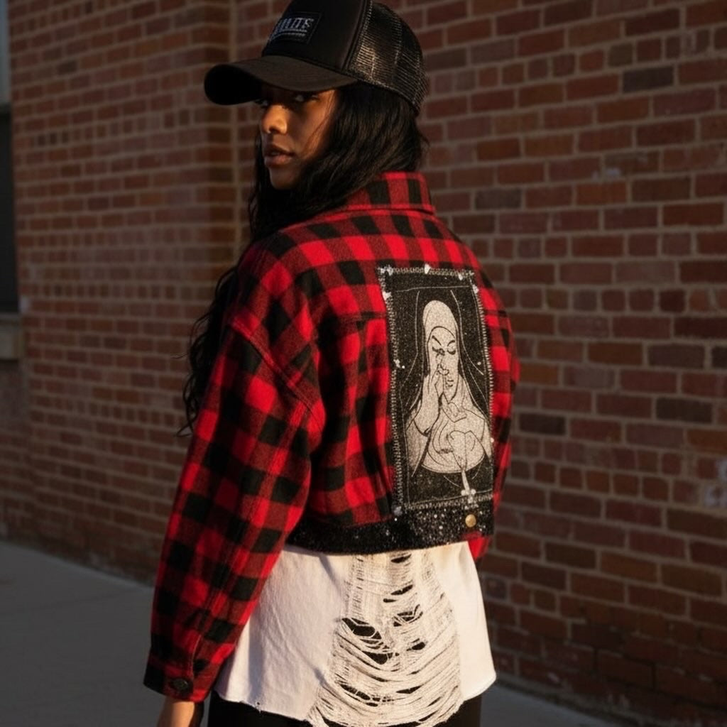 Sacred Sinner –  Women’s  Studded Cropped Flannel with Sparkle Hem