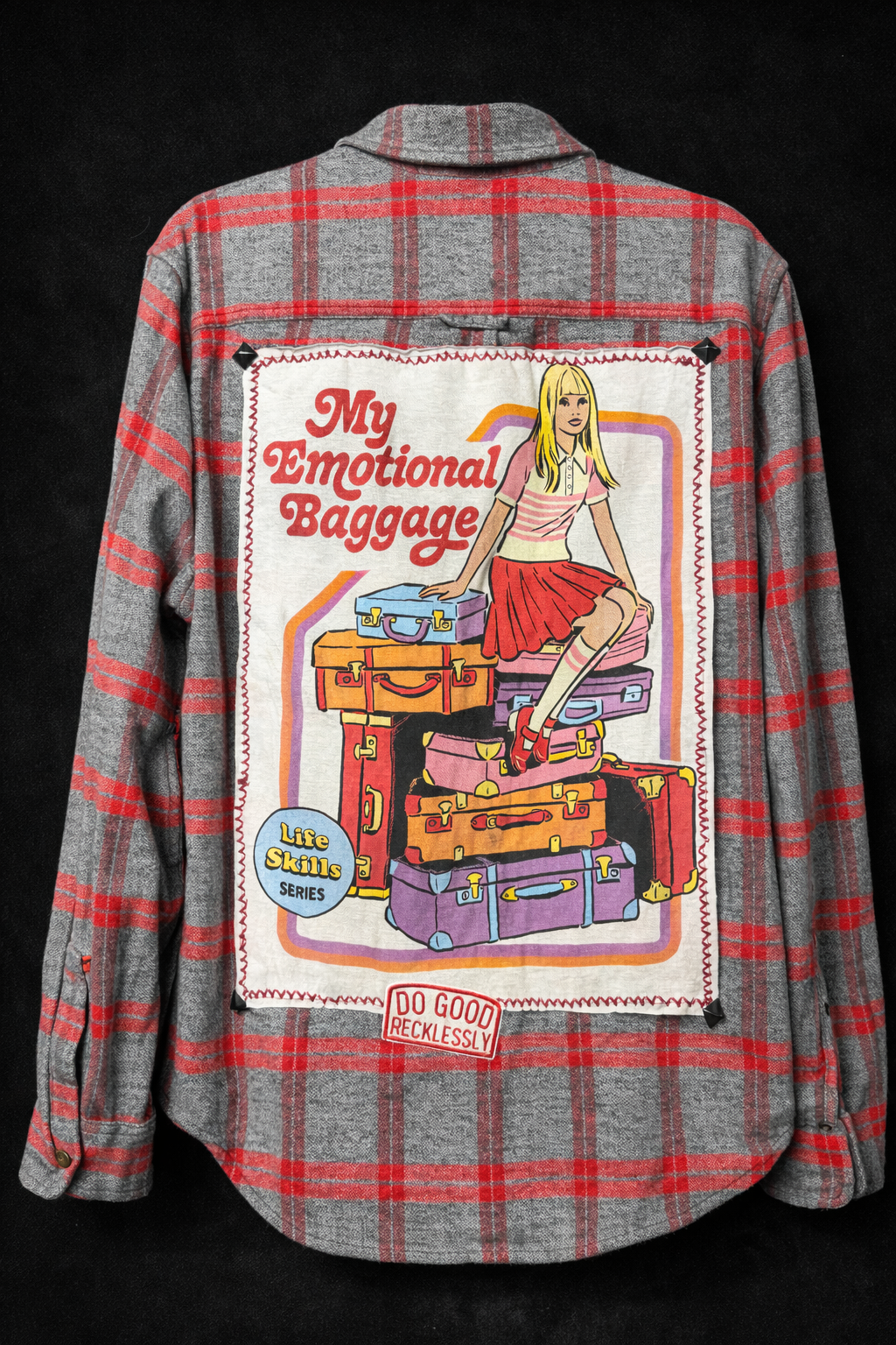 Broken Bandit “My Emotional Baggage” Upcycled Flannel – Gray & Red Plaid Graphic Flannel Jacket – Unisex XL