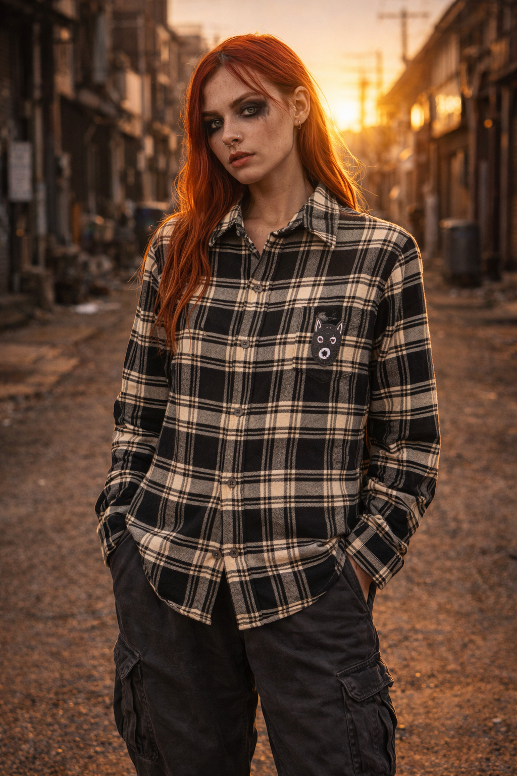 “DRUGS” Fishnet Patch Flannel – XS Upcycled Women’s Black & Cream Plaid