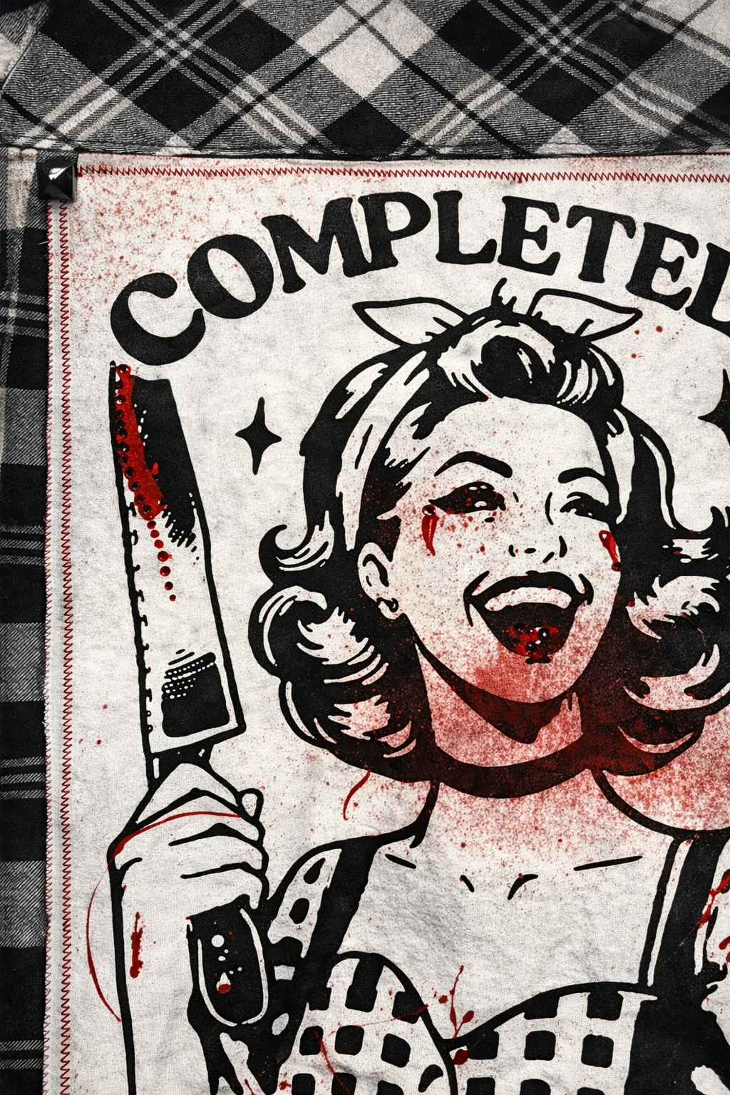 Broken Bandit “Completely Unhinged” Rhinestone Horror Flannel – Red Paint Splatter Upcycled Unisex Medium