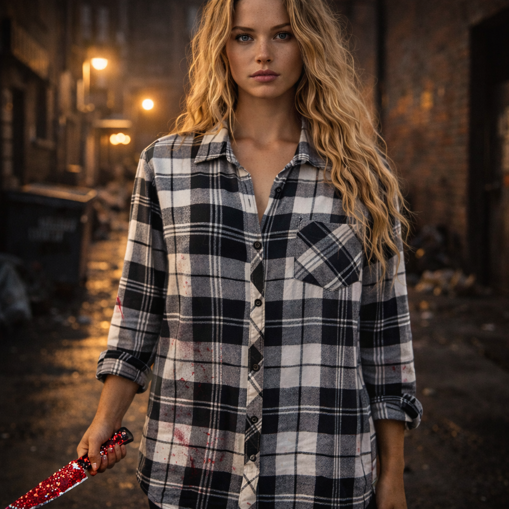 Broken Bandit “Completely Unhinged” Rhinestone Horror Flannel – Red Paint Splatter Upcycled Unisex Medium