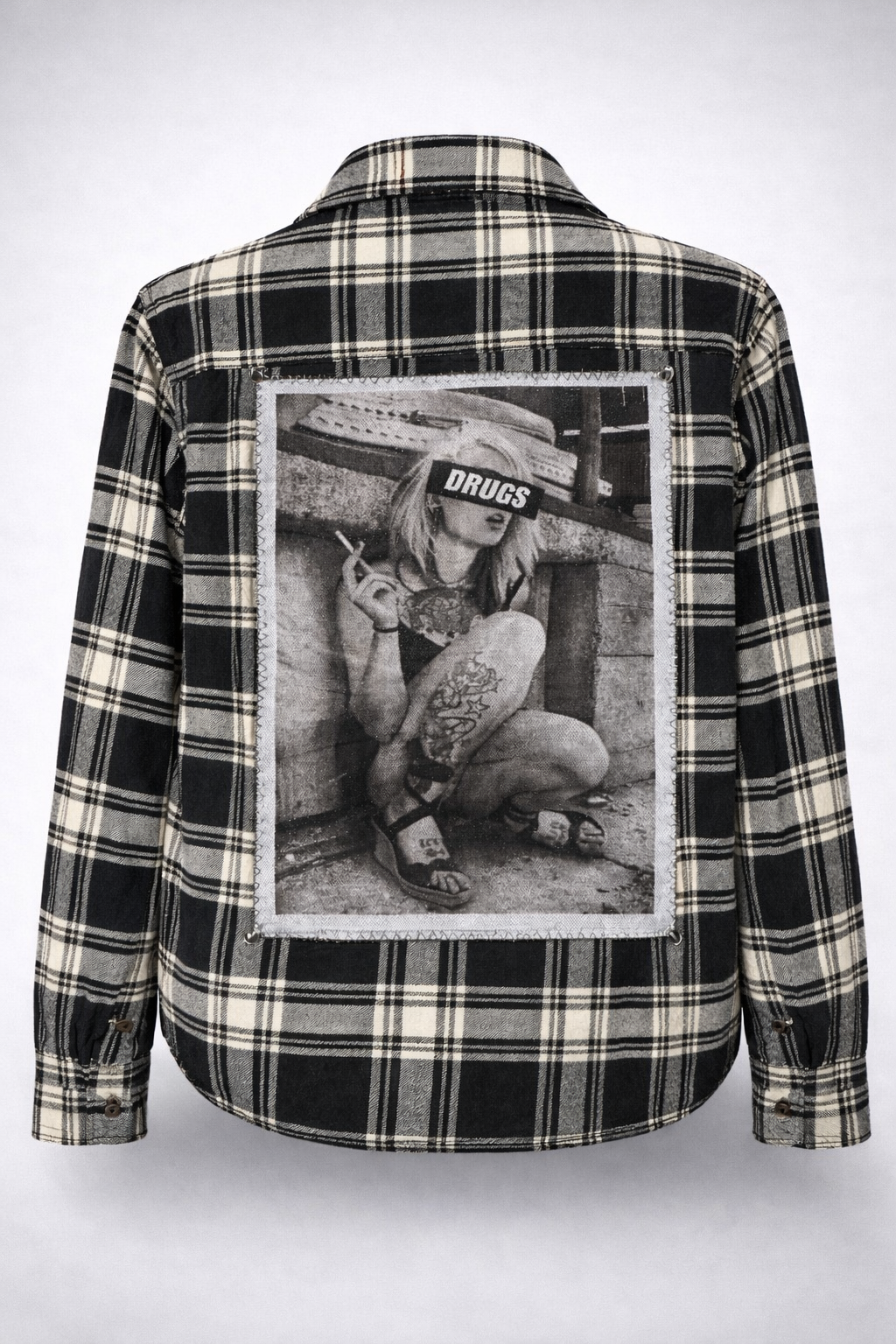 “DRUGS” Fishnet Patch Flannel – XS Upcycled Women’s Black & Cream Plaid