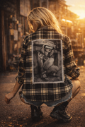 “DRUGS” Fishnet Patch Flannel – XS Upcycled Women’s Black & Cream Plaid