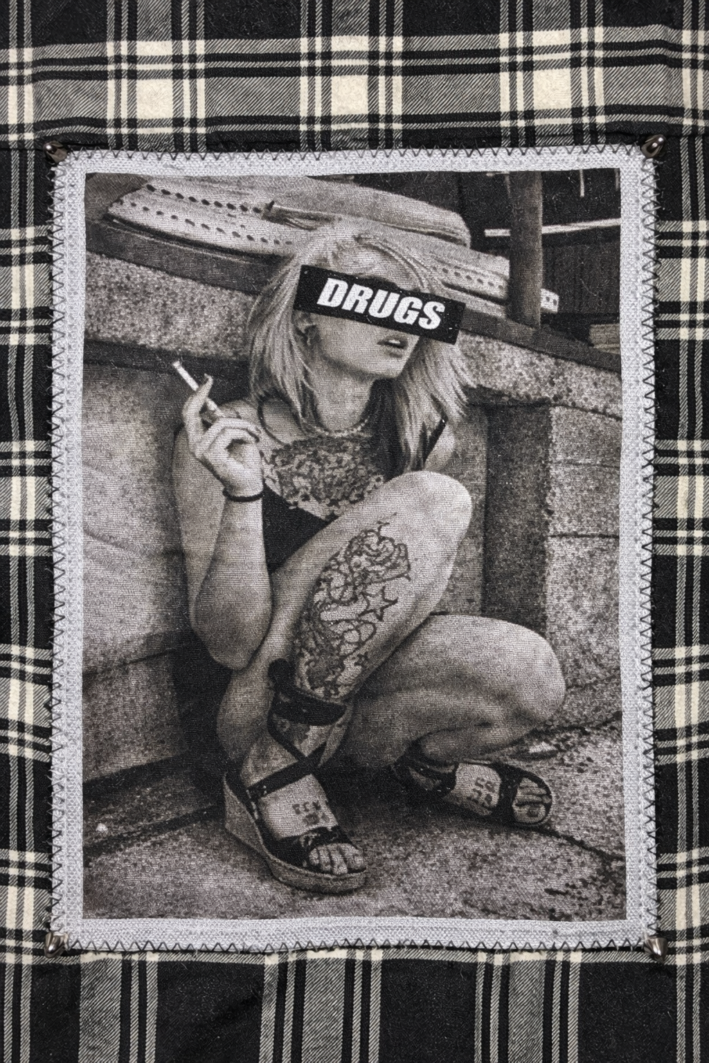“DRUGS” Fishnet Patch Flannel – XS Upcycled Women’s Black & Cream Plaid