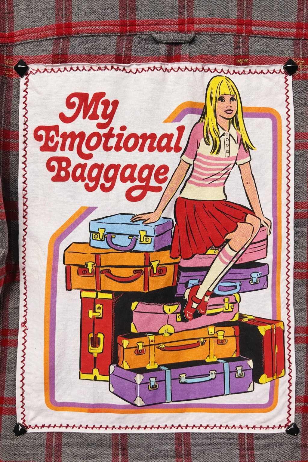Broken Bandit “My Emotional Baggage” Upcycled Flannel – Gray & Red Plaid Graphic Flannel Jacket – Unisex XL