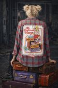 Broken Bandit “My Emotional Baggage” Upcycled Flannel – Gray & Red Plaid Graphic Flannel Jacket – Unisex XL