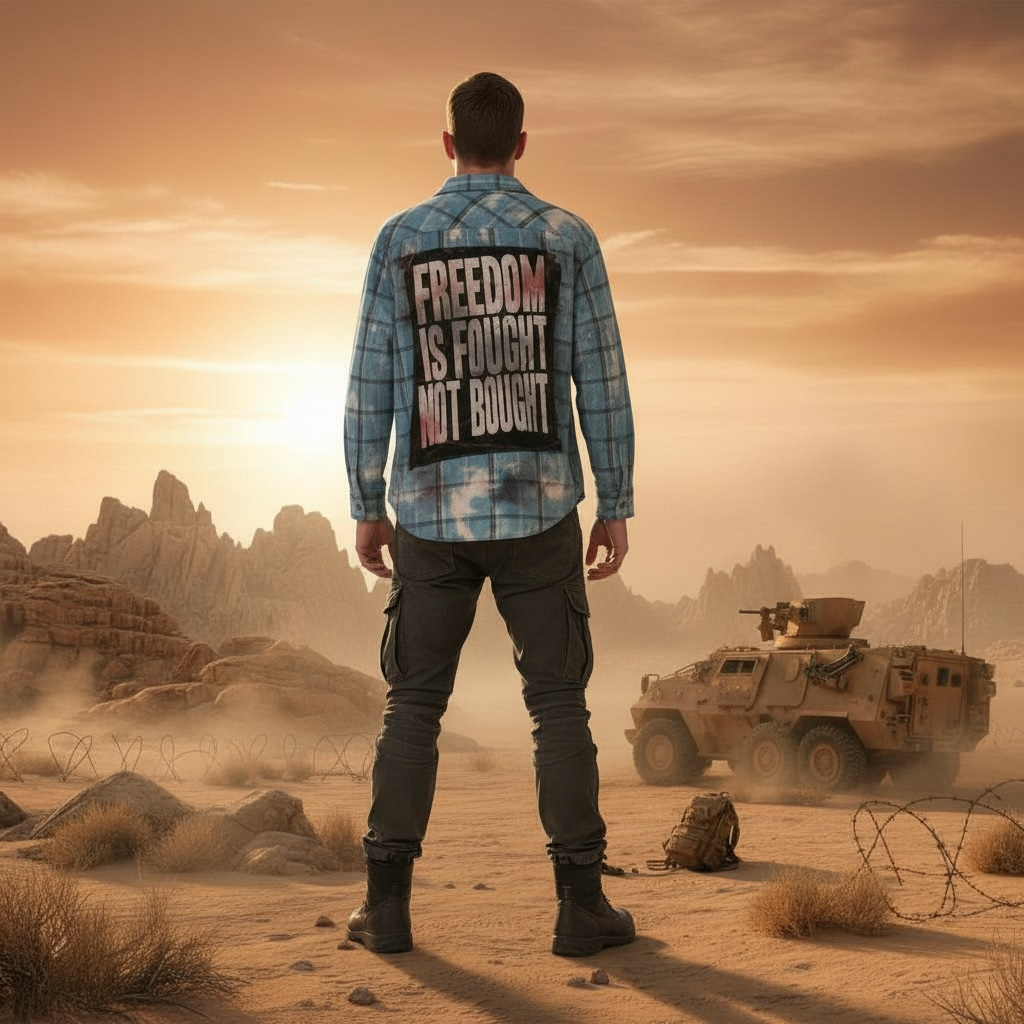 Broken Bandit “Freedom Is Fought Not Bought” Military Grunge Flannel – Distressed Upcycled Punk Shirt XL