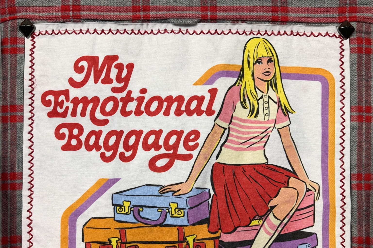 Broken Bandit “My Emotional Baggage” Upcycled Flannel – Gray & Red Plaid Graphic Flannel Jacket – Unisex XL