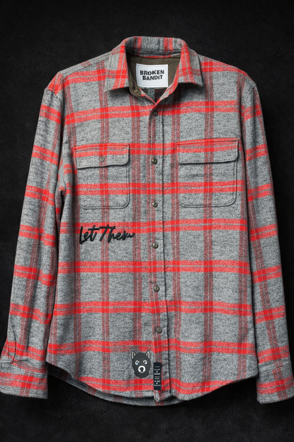 Broken Bandit “My Emotional Baggage” Upcycled Flannel – Gray & Red Plaid Graphic Flannel Jacket – Unisex XL