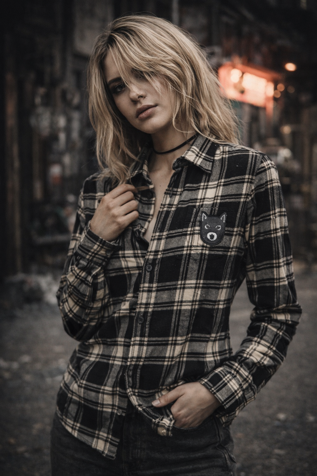 “DRUGS” Fishnet Patch Flannel – XS Upcycled Women’s Black & Cream Plaid