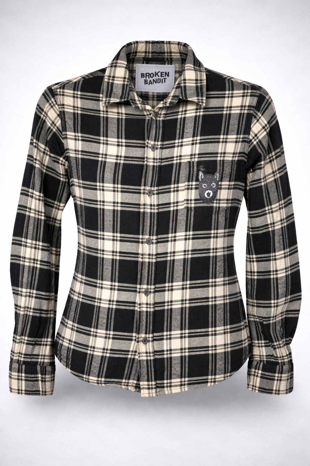 “DRUGS” Fishnet Patch Flannel – XS Upcycled Women’s Black & Cream Plaid