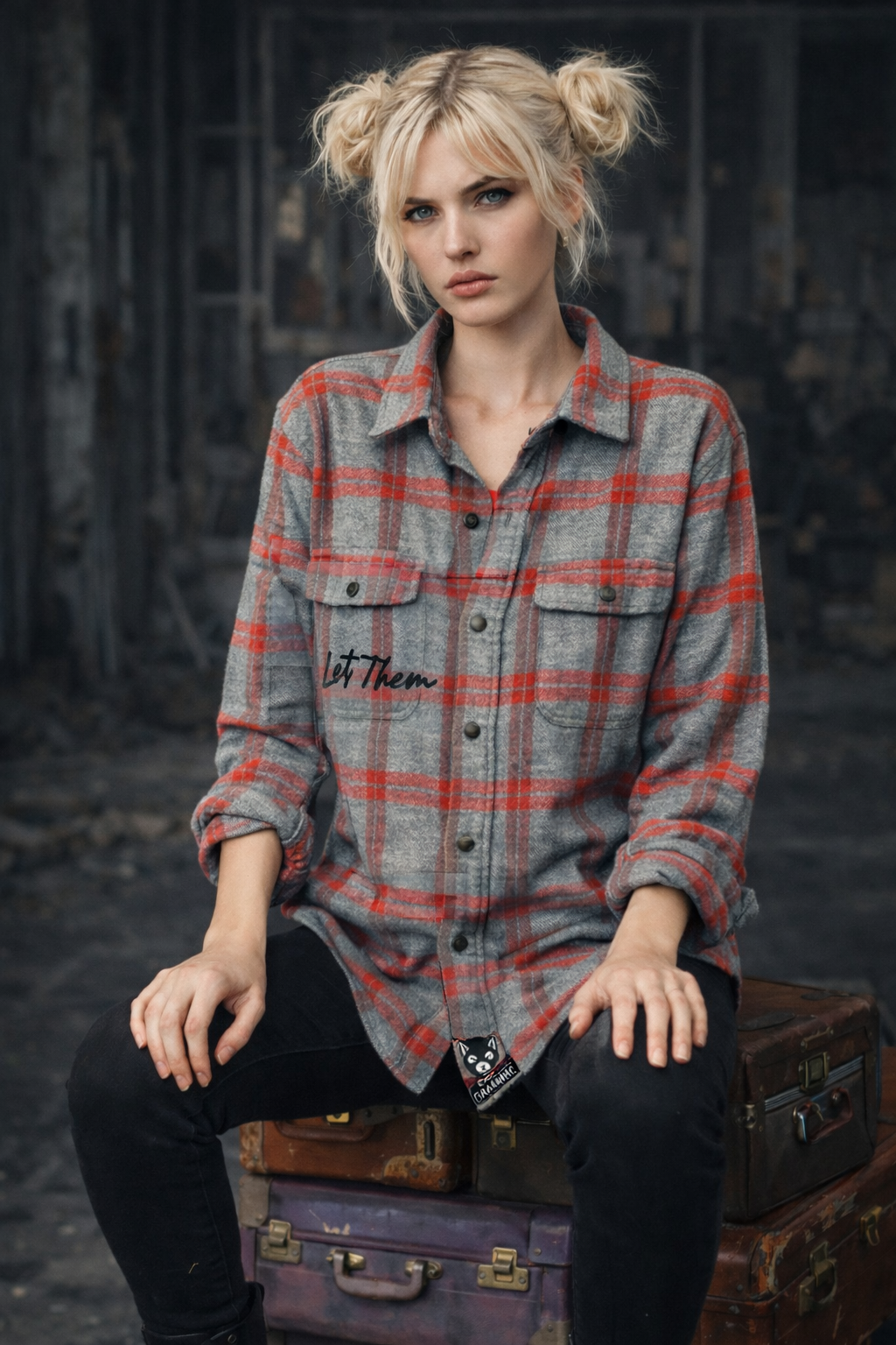 Broken Bandit “My Emotional Baggage” Upcycled Flannel – Gray & Red Plaid Graphic Flannel Jacket – Unisex XL