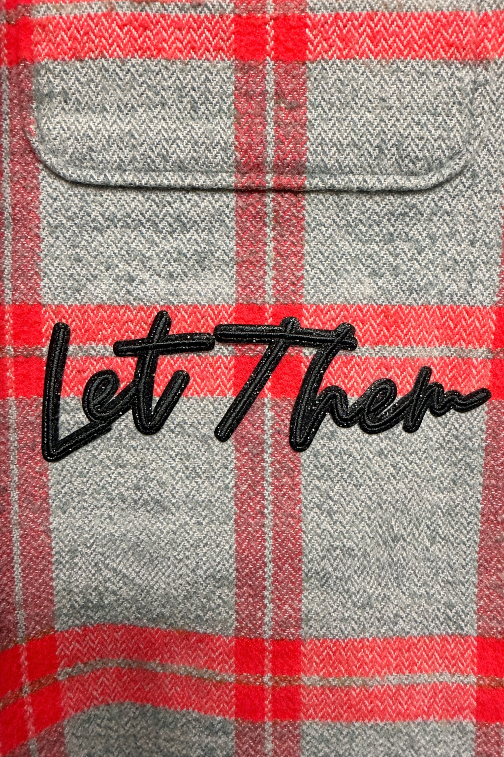 Broken Bandit “My Emotional Baggage” Upcycled Flannel – Gray & Red Plaid Graphic Flannel Jacket – Unisex XL