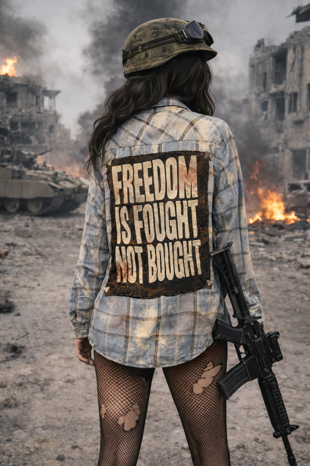 Broken Bandit “Freedom Is Fought Not Bought” Military Grunge Flannel – Distressed Upcycled Punk Shirt XL