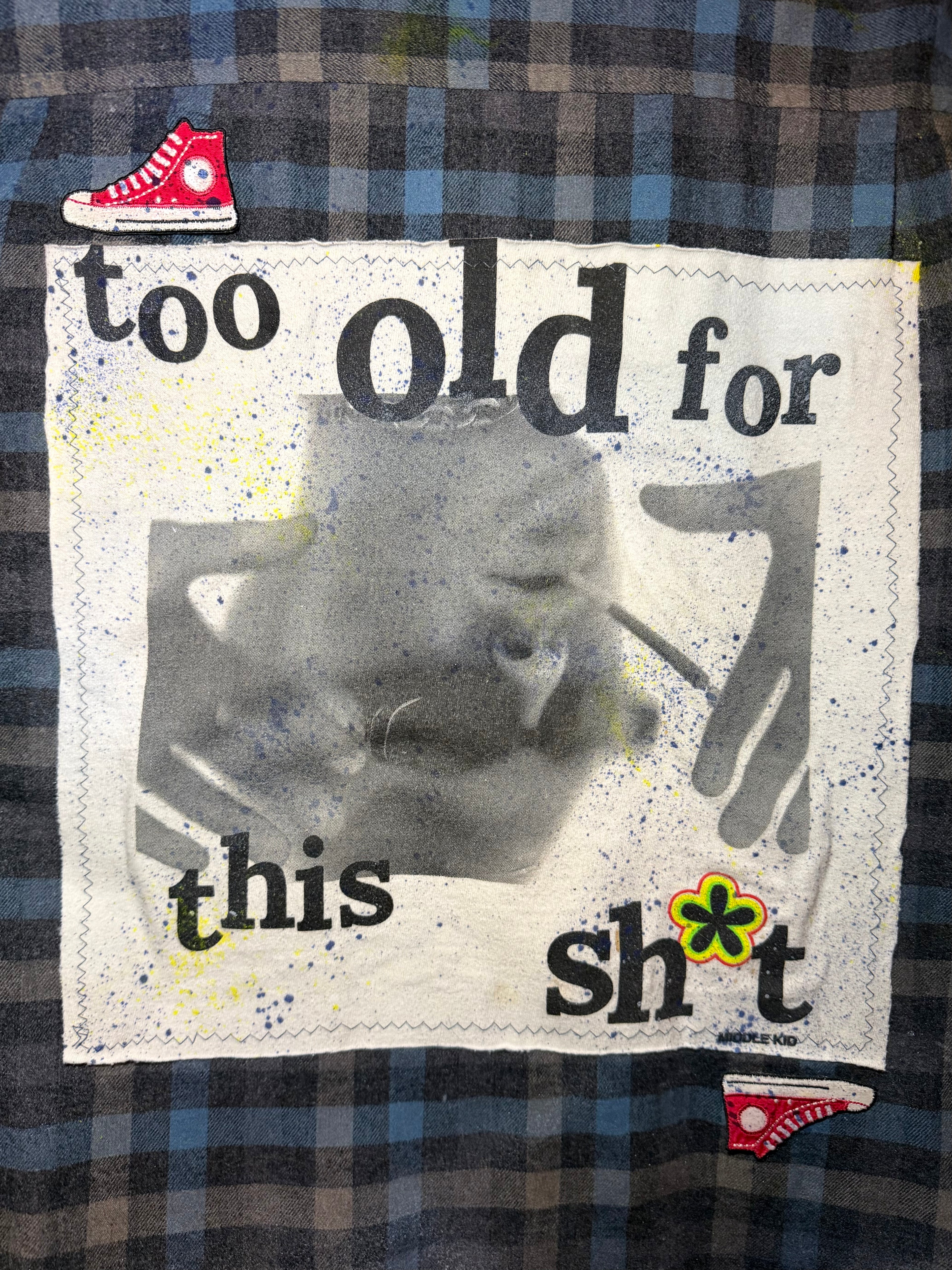 Too Old For This Sh*t Flannel – Upcycled Blue Plaid | Broken Bandit (Unisex S/M)