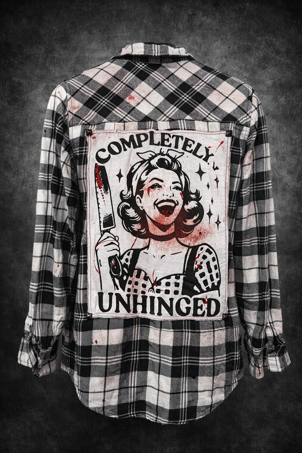 Broken Bandit “Completely Unhinged” Rhinestone Horror Flannel – Red Paint Splatter Upcycled Unisex Medium