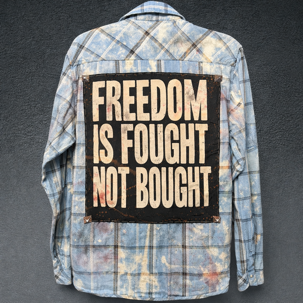 Broken Bandit “Freedom Is Fought Not Bought” Military Grunge Flannel – Distressed Upcycled Punk Shirt XL