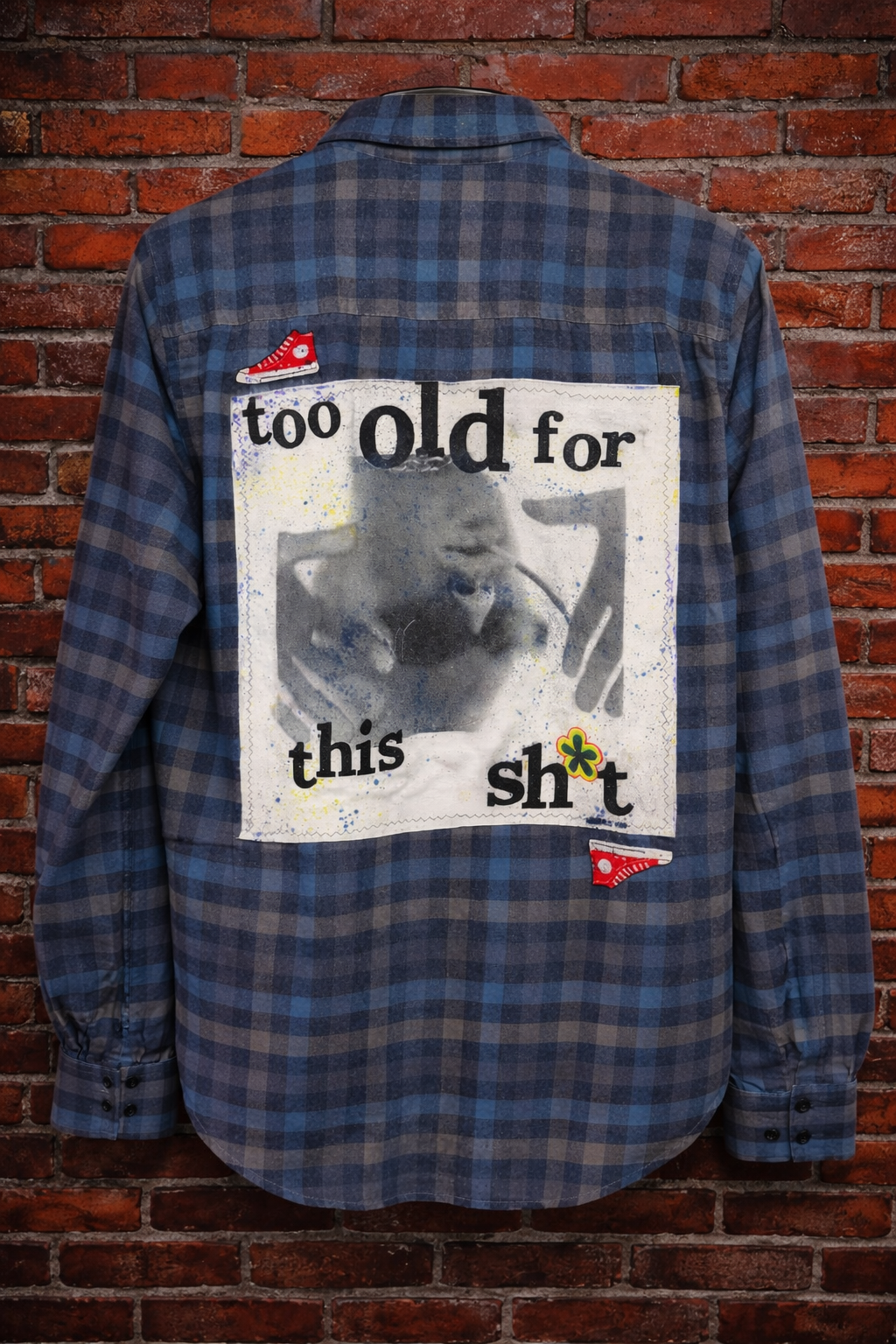 Too Old For This Sh*t Flannel – Upcycled Blue Plaid | Broken Bandit (Unisex S/M)