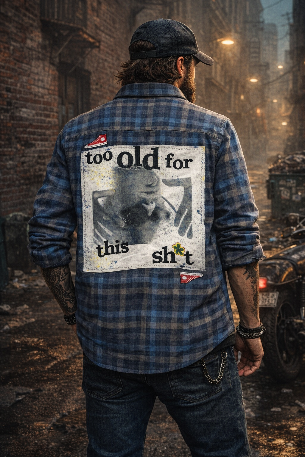 Too Old For This Sh*t Flannel – Upcycled Blue Plaid | Broken Bandit (Unisex S/M)