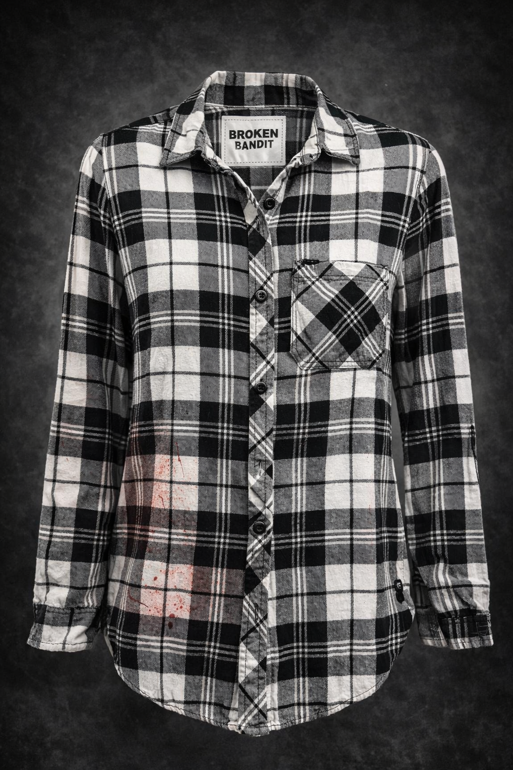 Broken Bandit “Completely Unhinged” Rhinestone Horror Flannel – Red Paint Splatter Upcycled Unisex Medium