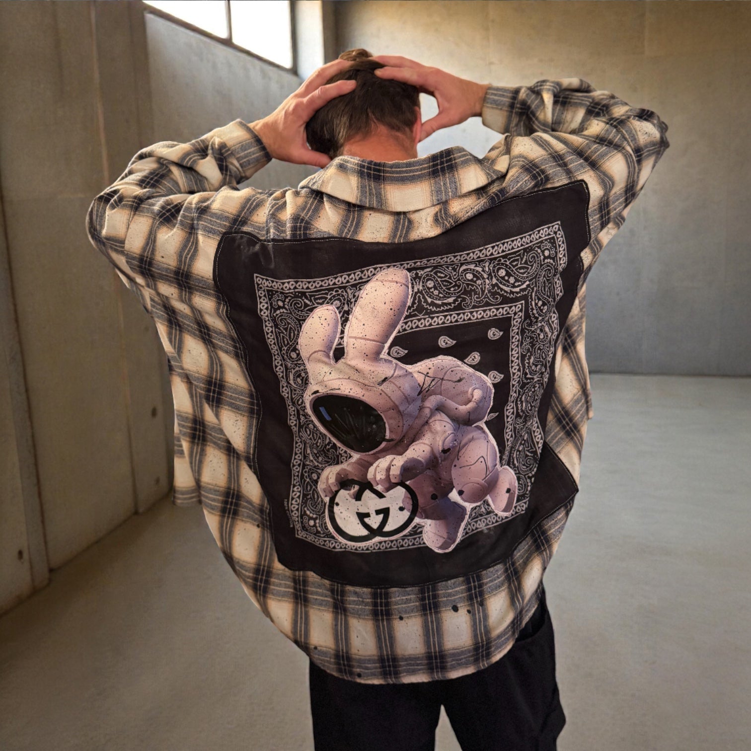 Upcycled Designer “Signal Lost” Unisex Drop-Shoulder Flannel