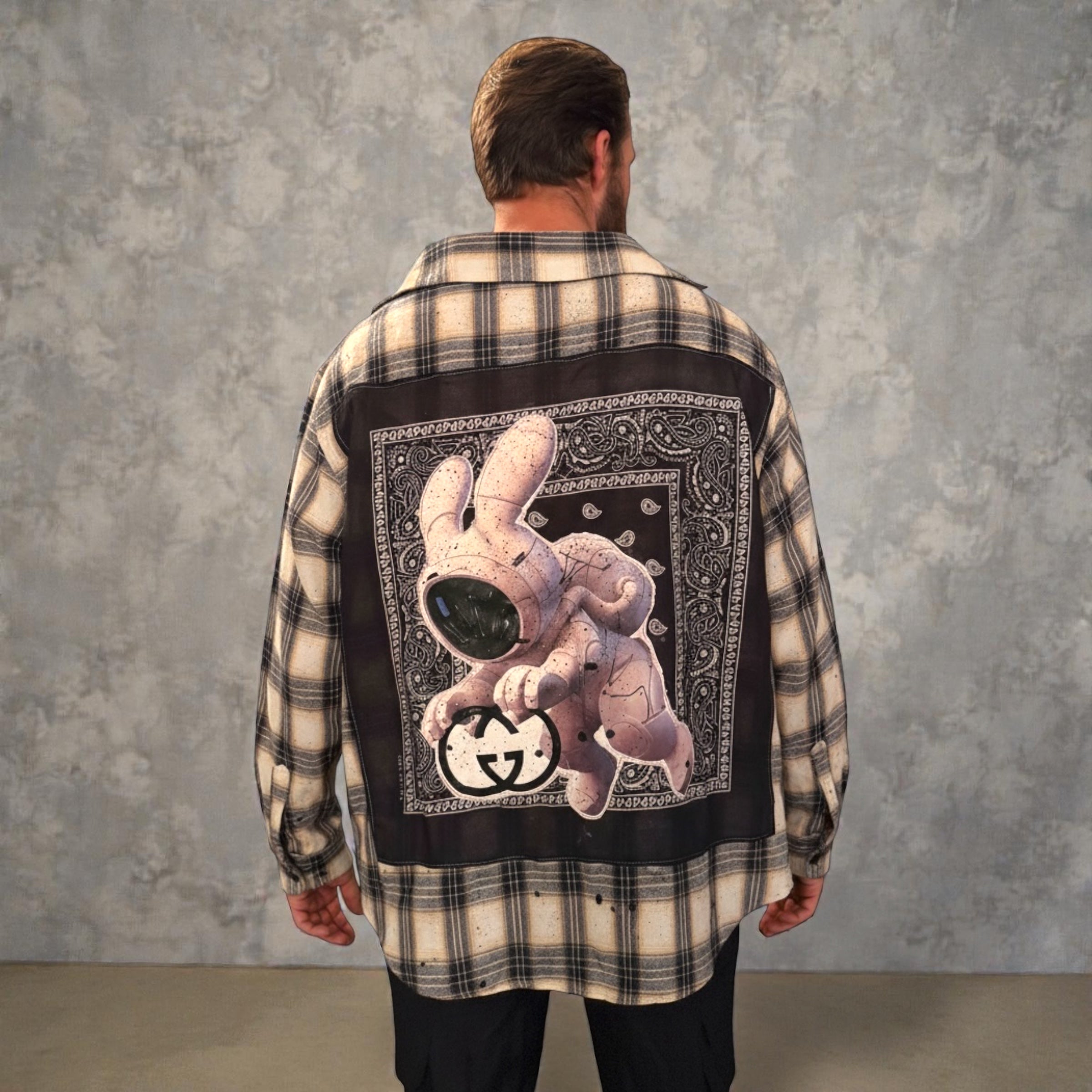 Upcycled Designer “Signal Lost” Unisex Drop-Shoulder Flannel