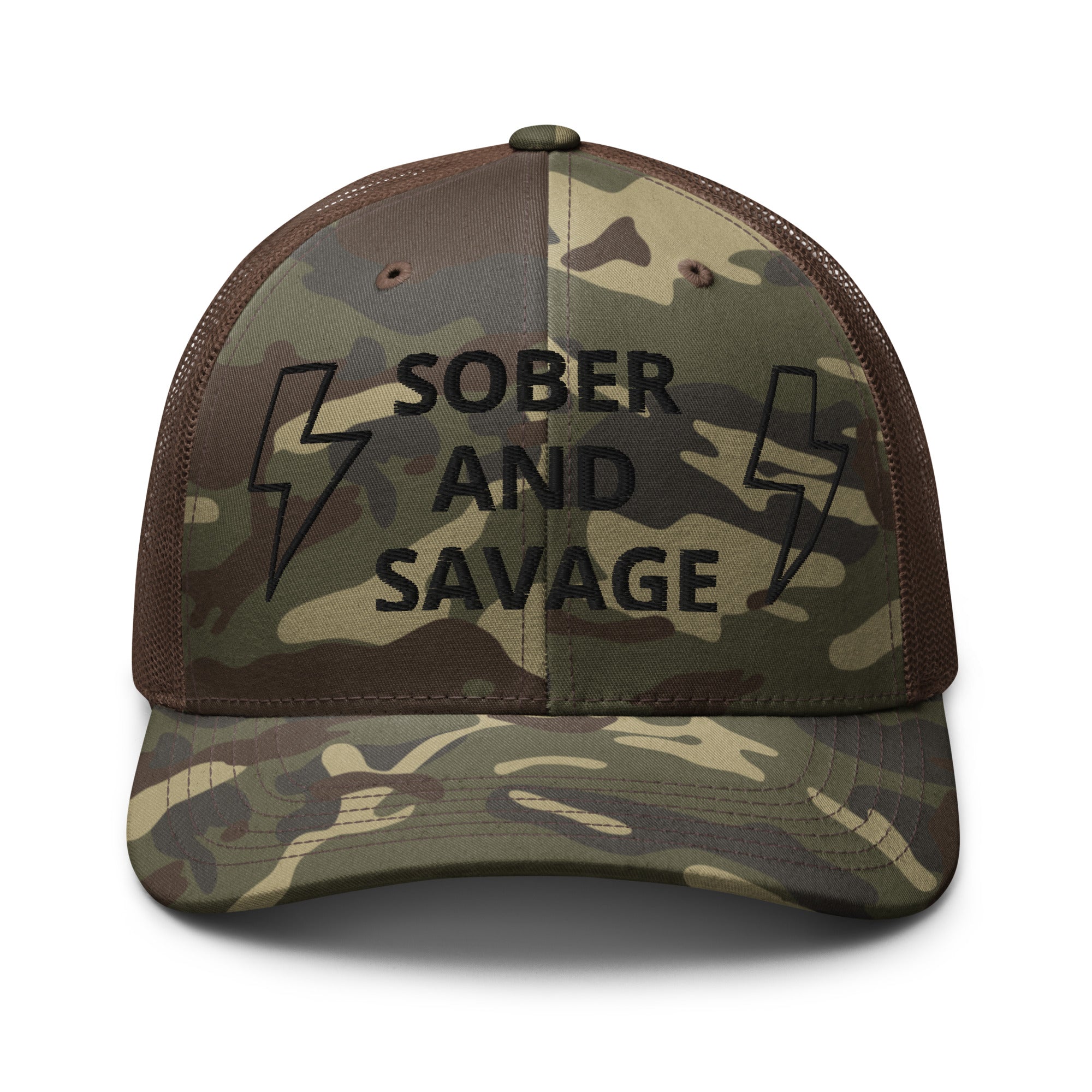 Sober & Savage - Camouflage Trucker Hat featuring trendy camo print and bold lettering, ideal for outdoor activities.