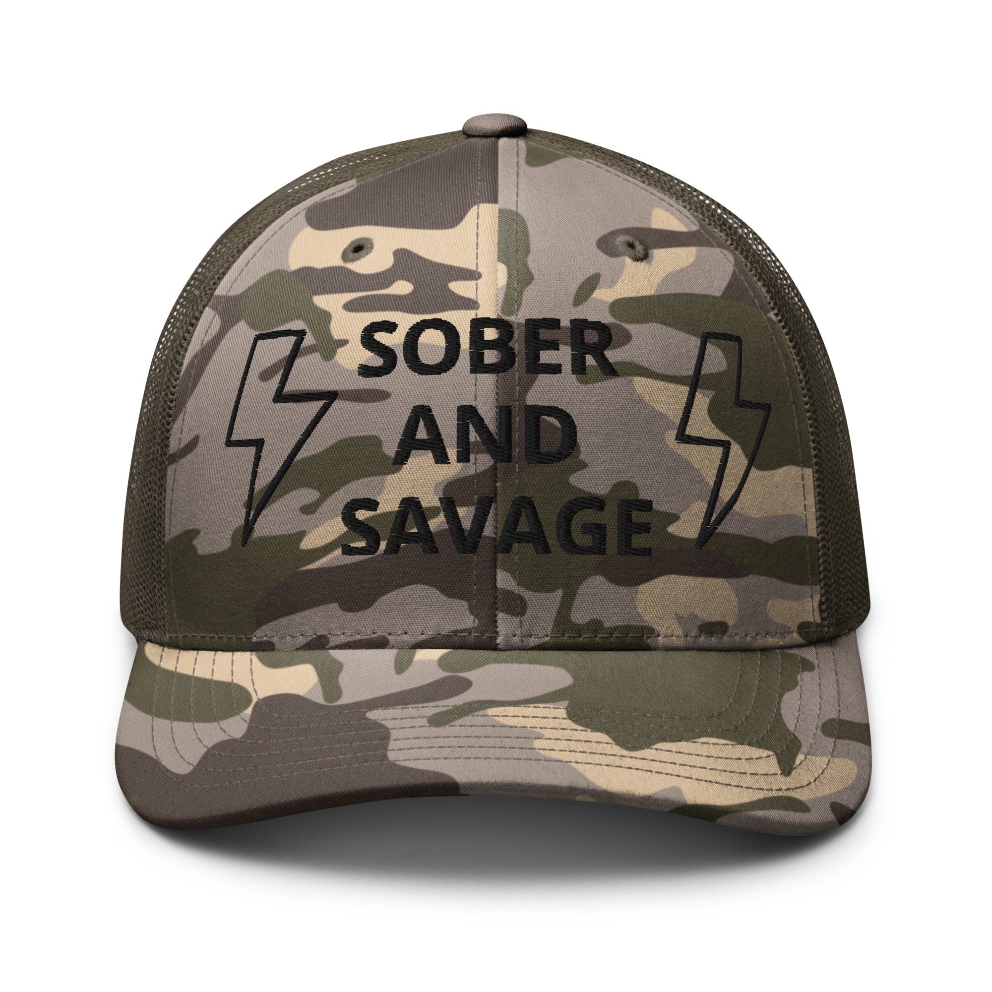 Sober & Savage - Camouflage Trucker Hat with stylish camouflage design, perfect for outdoor activities.