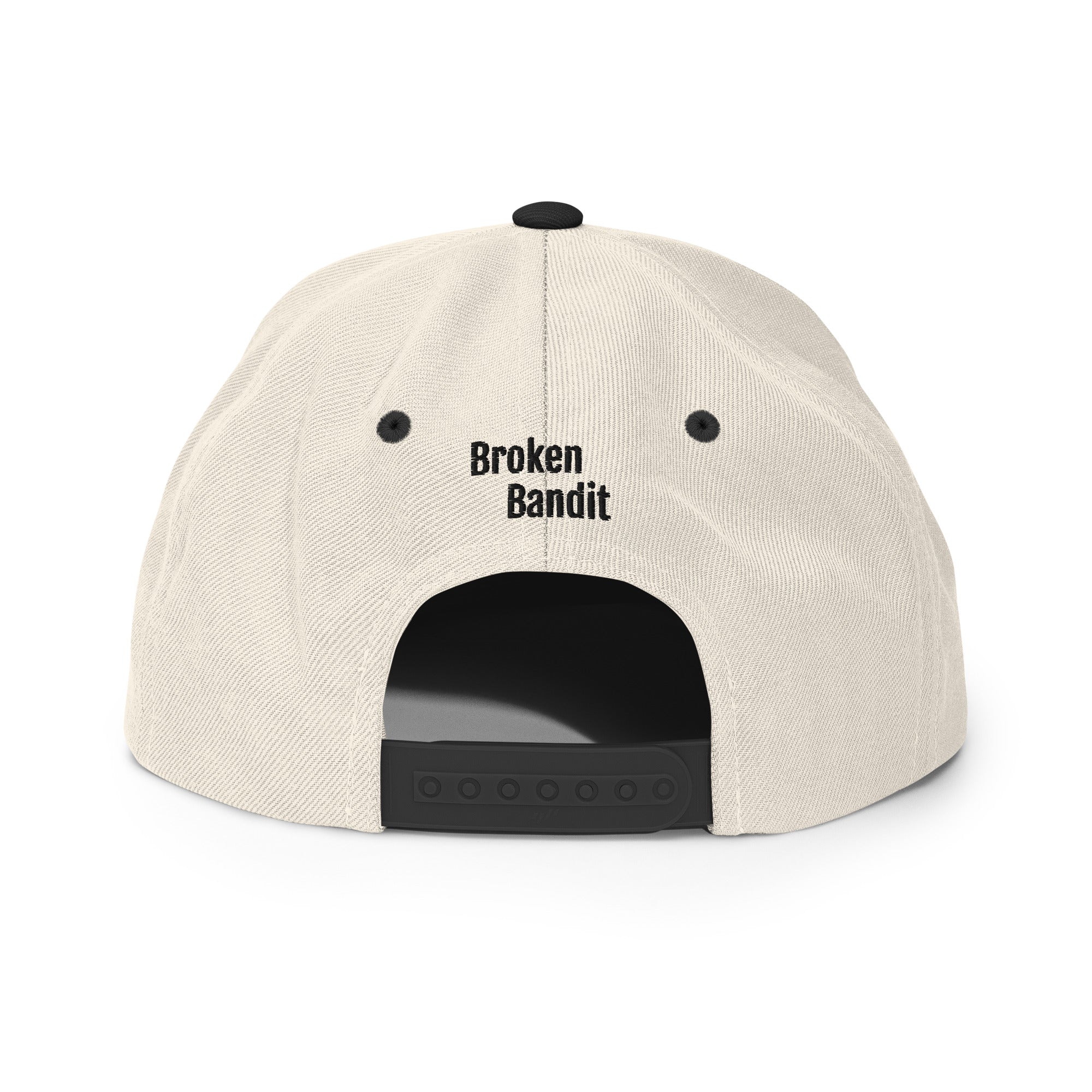 Back view of 222 Angel Numbers Snapback Hat in beige with 'Broken Bandit' text and adjustable snap closure.