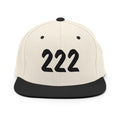 222 Angel Numbers Snapback Hat featuring a classic design with the number 222 in black on a cream base.