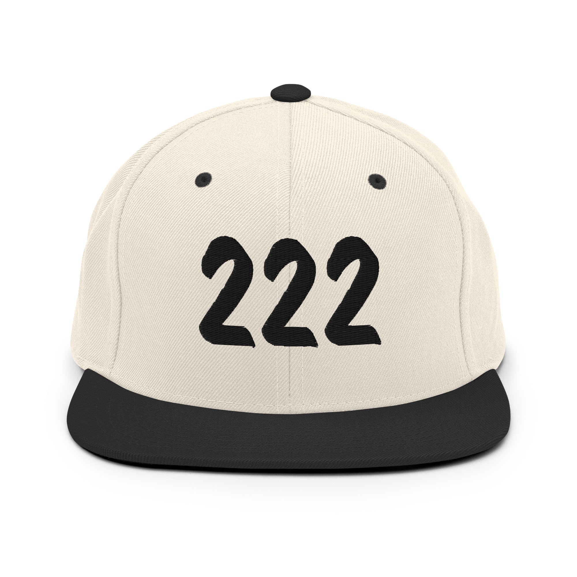 222 Angel Numbers Snapback Hat featuring a classic design with the number 222 in black on a cream base.