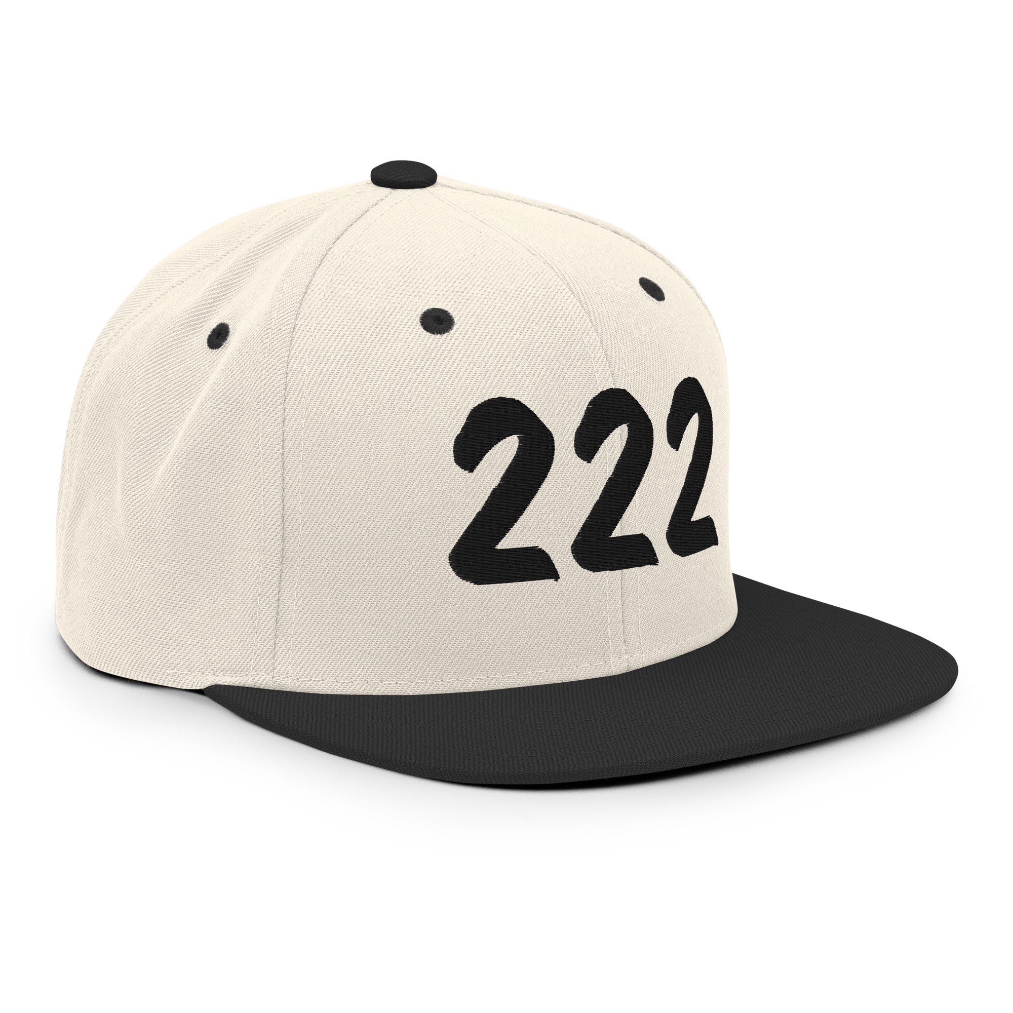 222 Angel Numbers Snapback Hat in cream with black brim and large '222' design on the front.