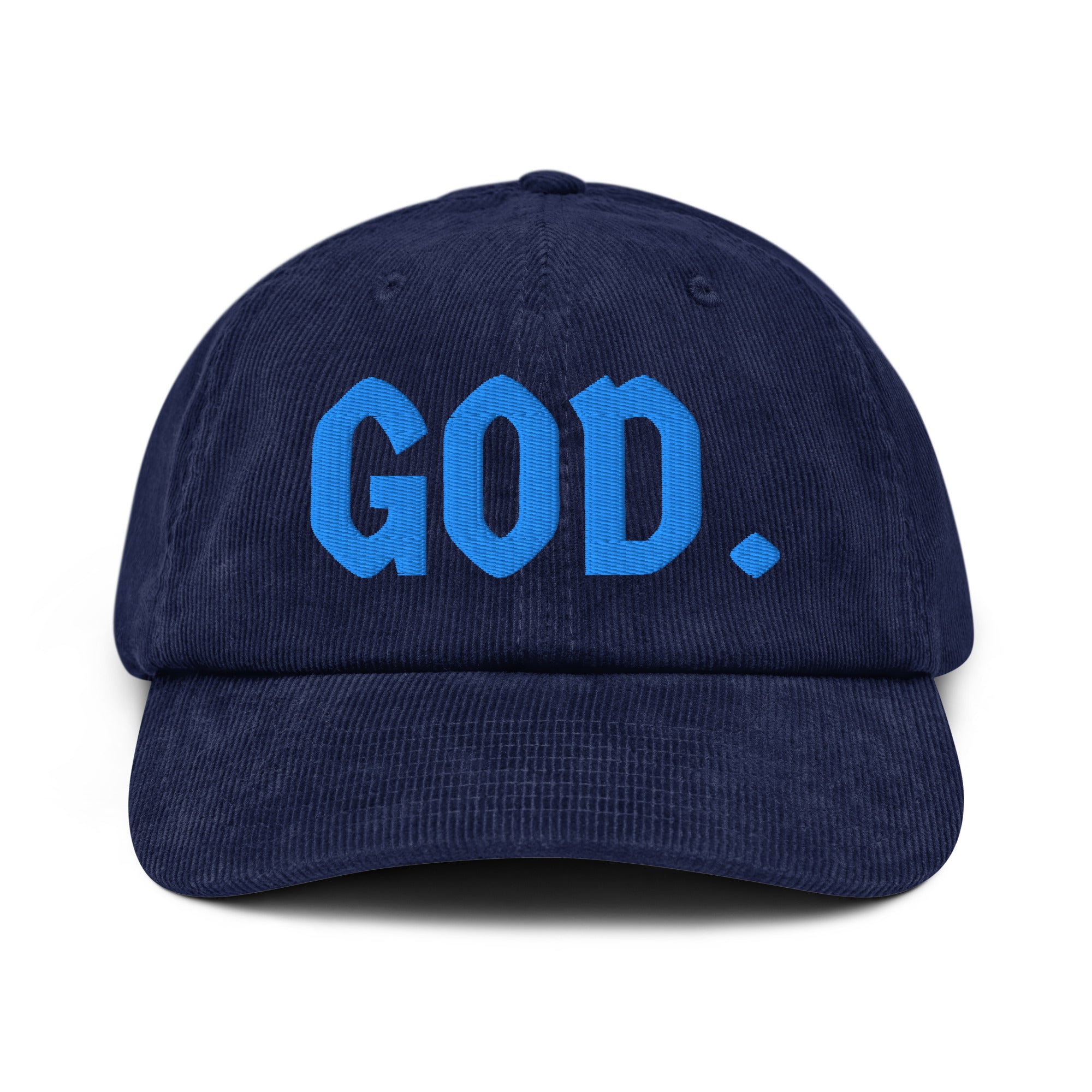 GOD - Black & Blue Corduroy Hat featuring a stylish design with a navy base and blue lettering.