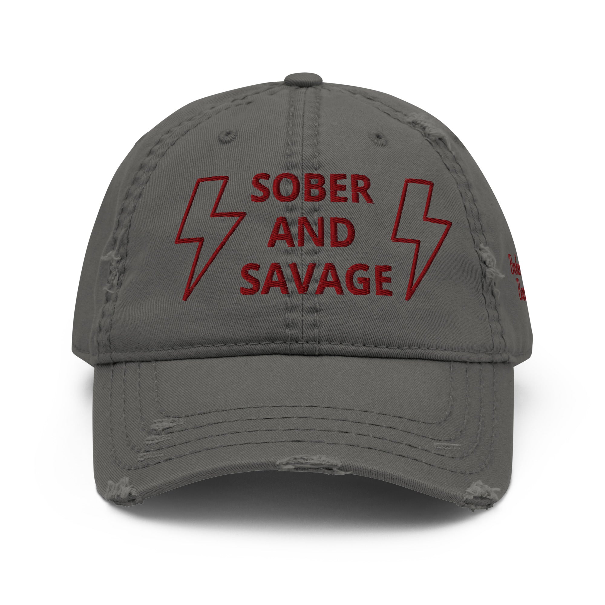 Sober & Savage - Distressed Hat featuring lightning bolt design on gray fabric, perfect for stylish casual wear.