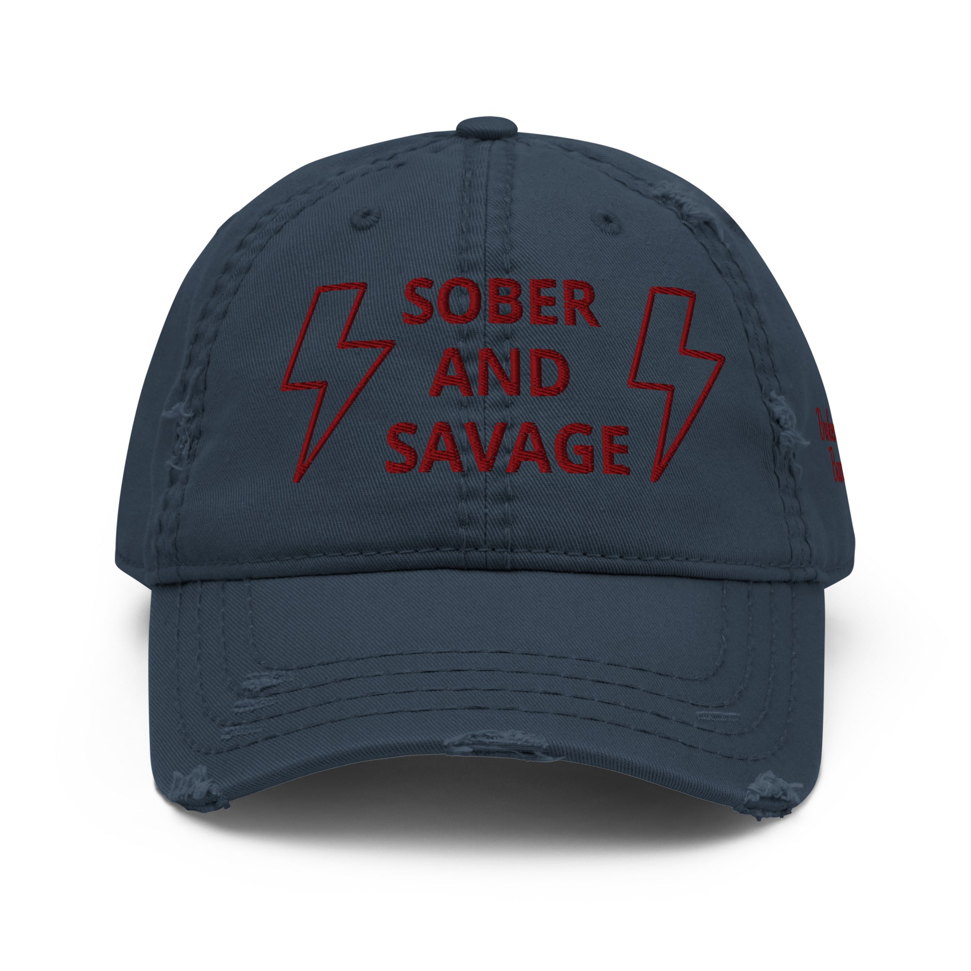 Sober & Savage - Distressed Hat featuring a distressed design and bold embroidery on a dark navy blue base.