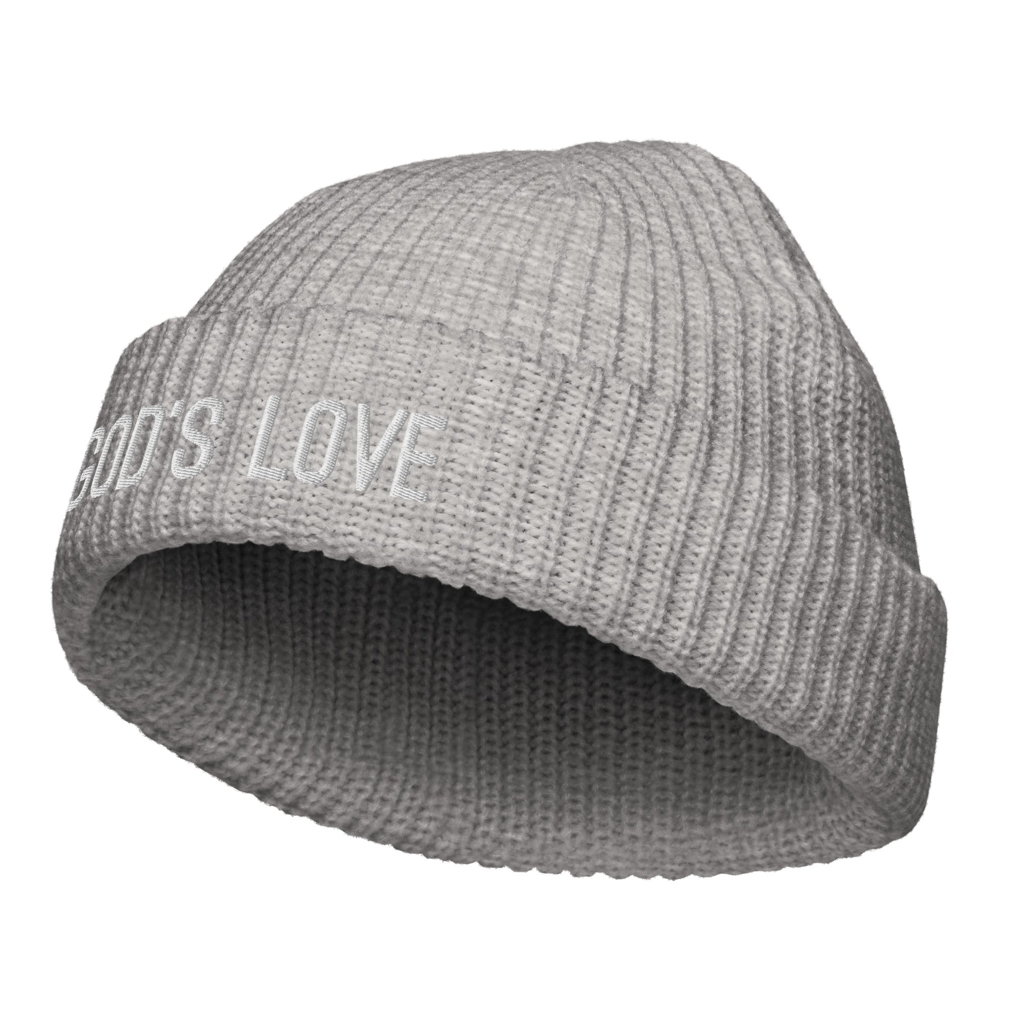 God Love Fisherman Beanie Knit in gray ribbed design, ideal for warmth and trendy style.
