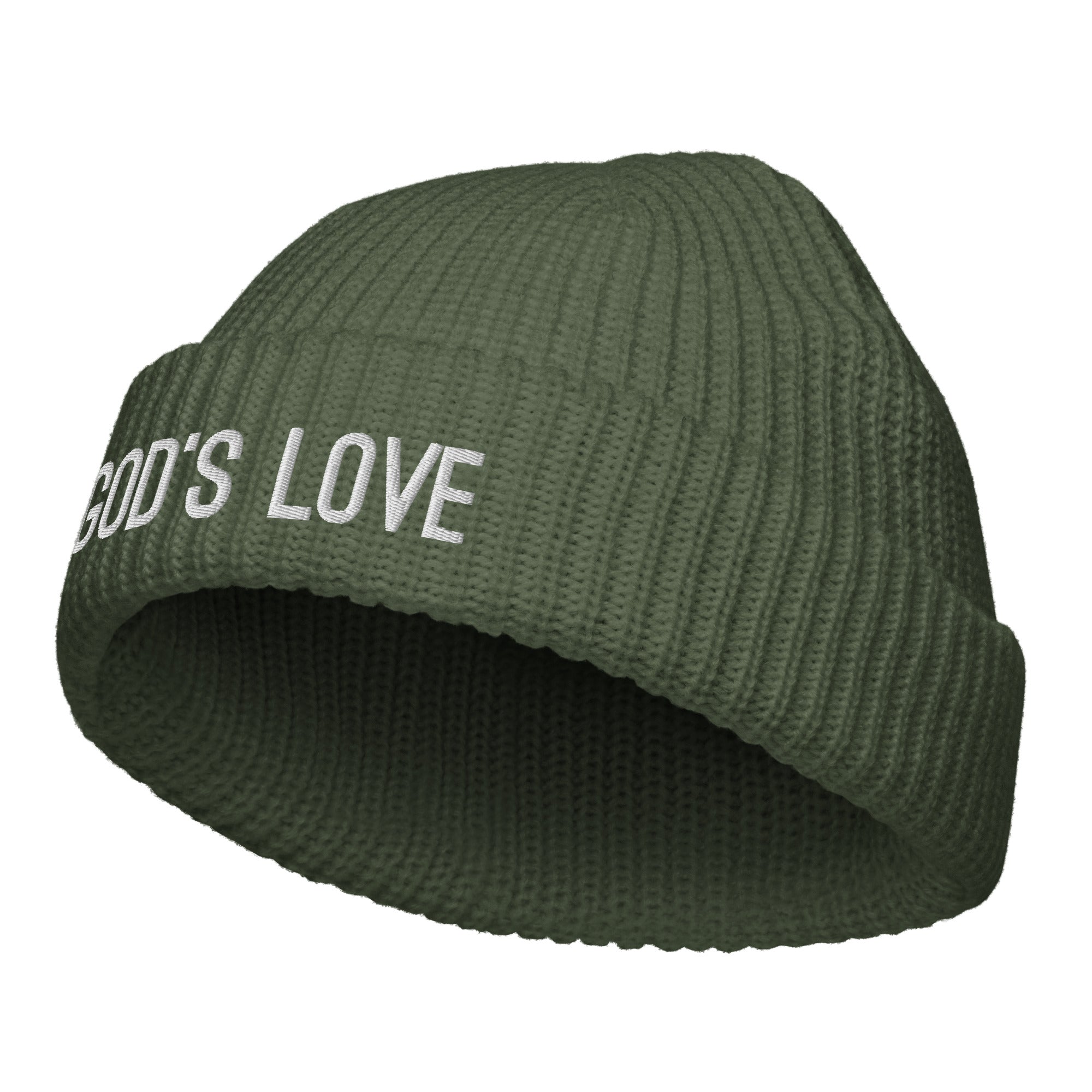 God Love Fisherman Beanie Knit in olive green with ribbed design and embroidered text.