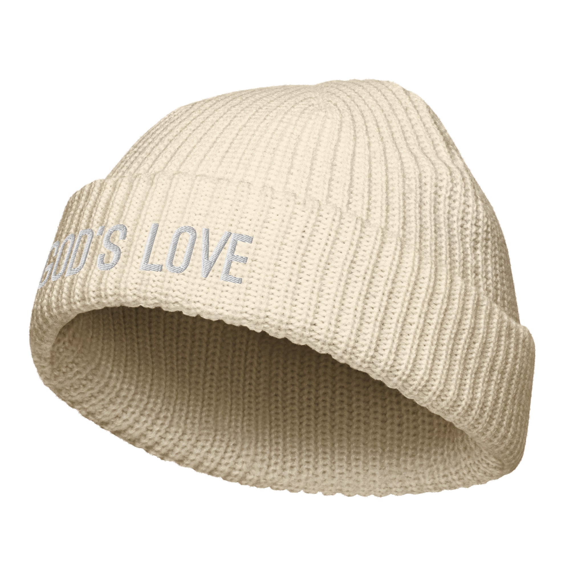 God Love Fisherman Beanie Knit in beige with ribbed texture and embroidered lettering.