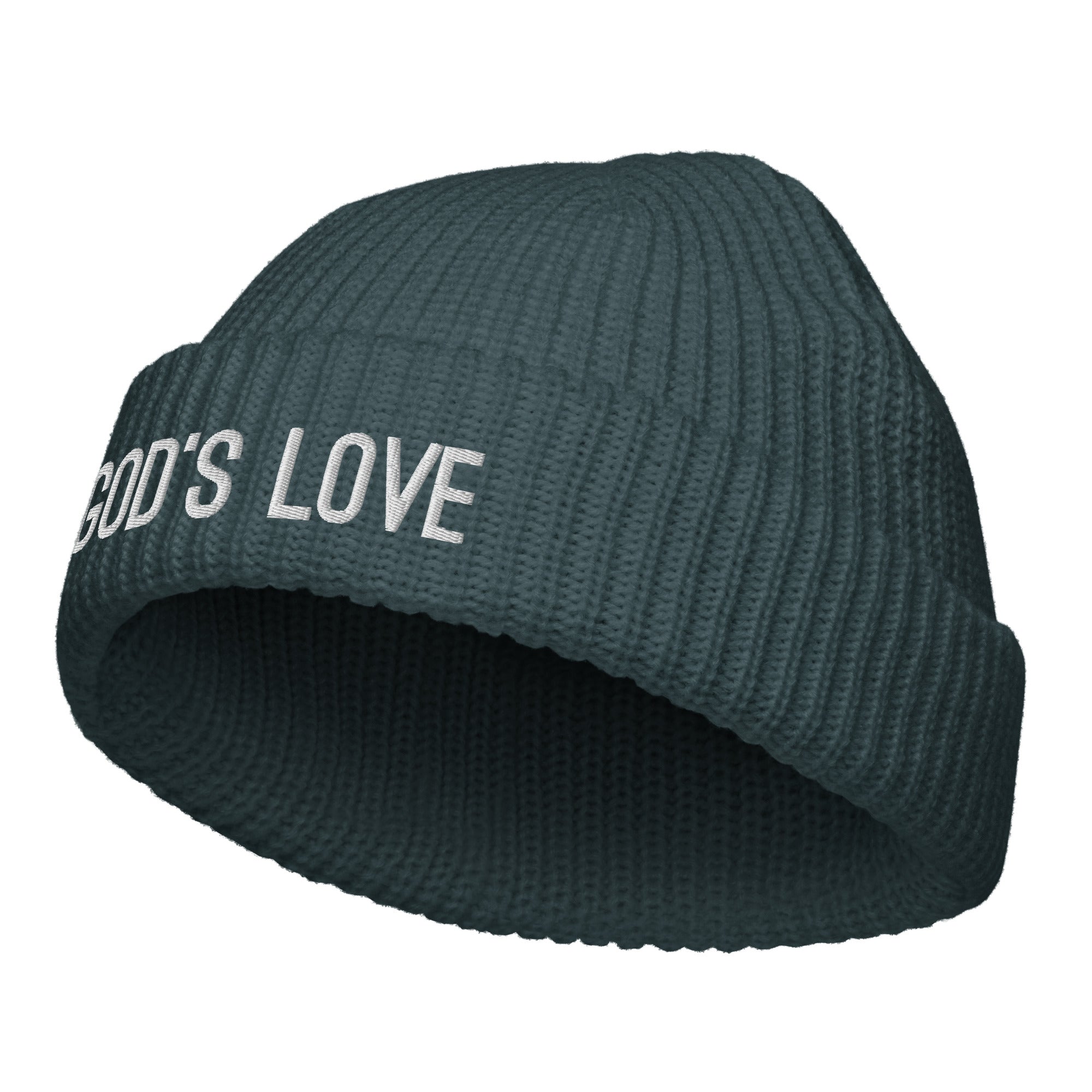 God Love Fisherman Beanie Knit in dark gray ribbed design with embroidered 'GOD'S LOVE' text.