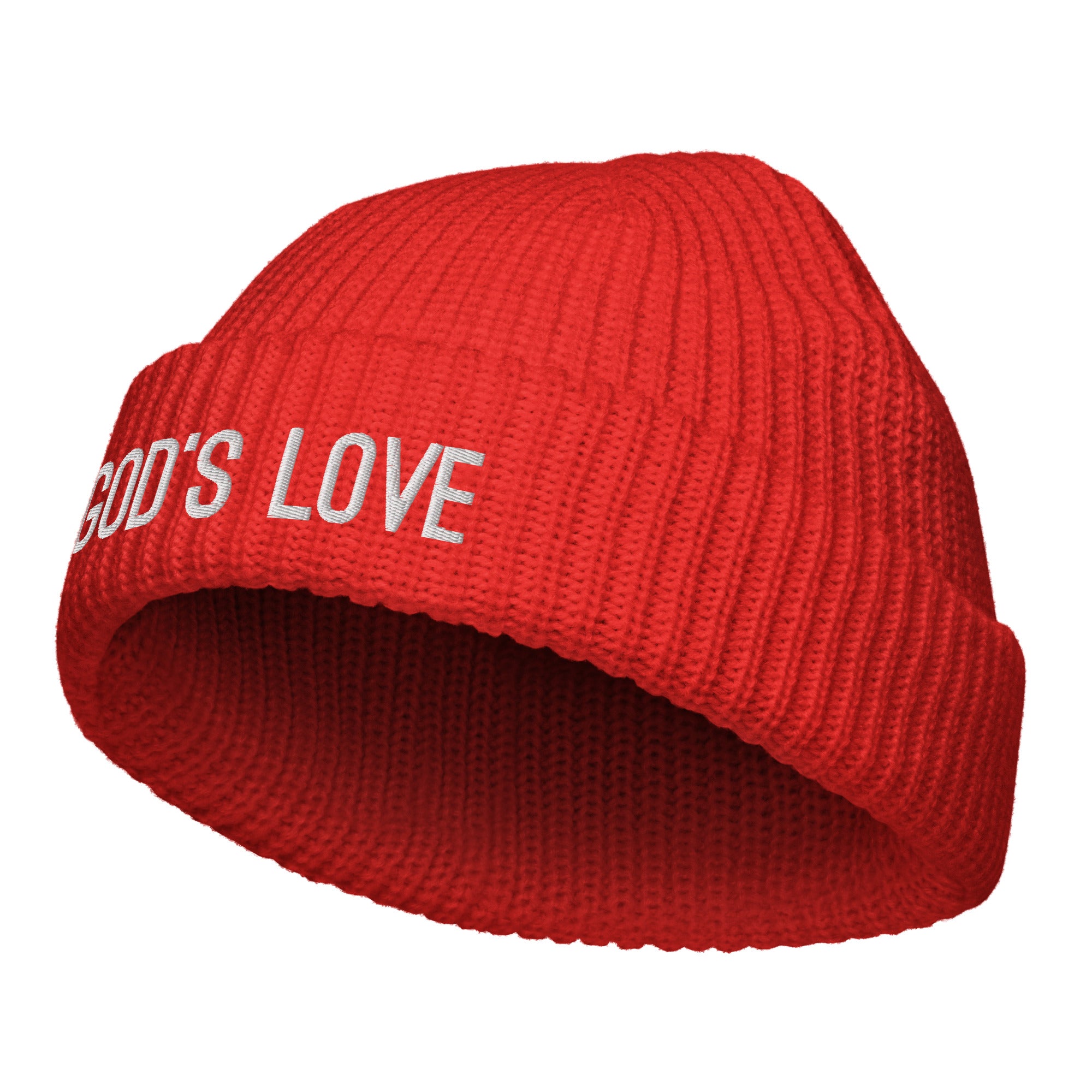 God Love Fisherman Beanie Knit in vibrant red with ribbed knit design and text 'GOD'S LOVE'