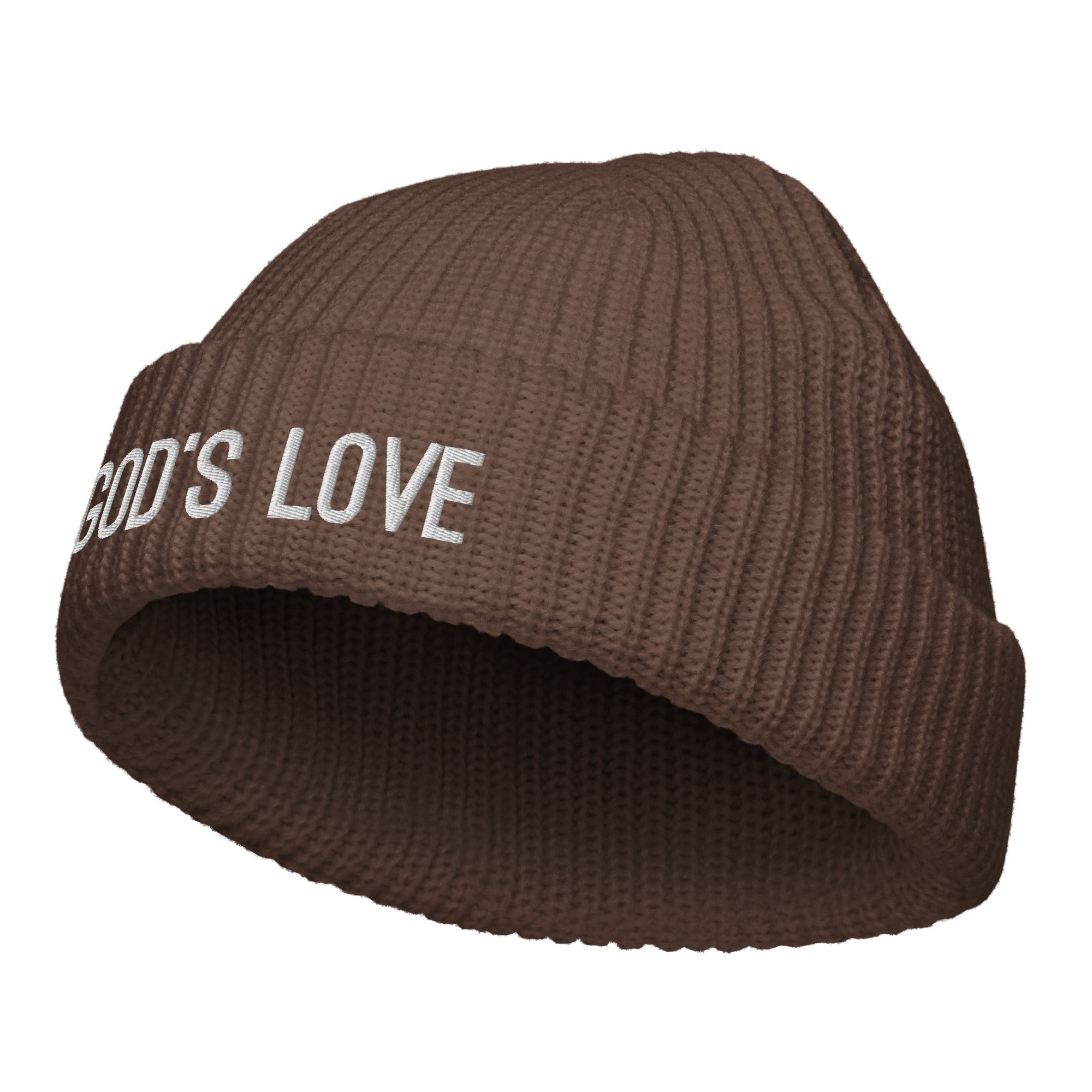 God Love Fisherman Beanie Knit in brown with ribbed texture and embroidered "God's Love" design.