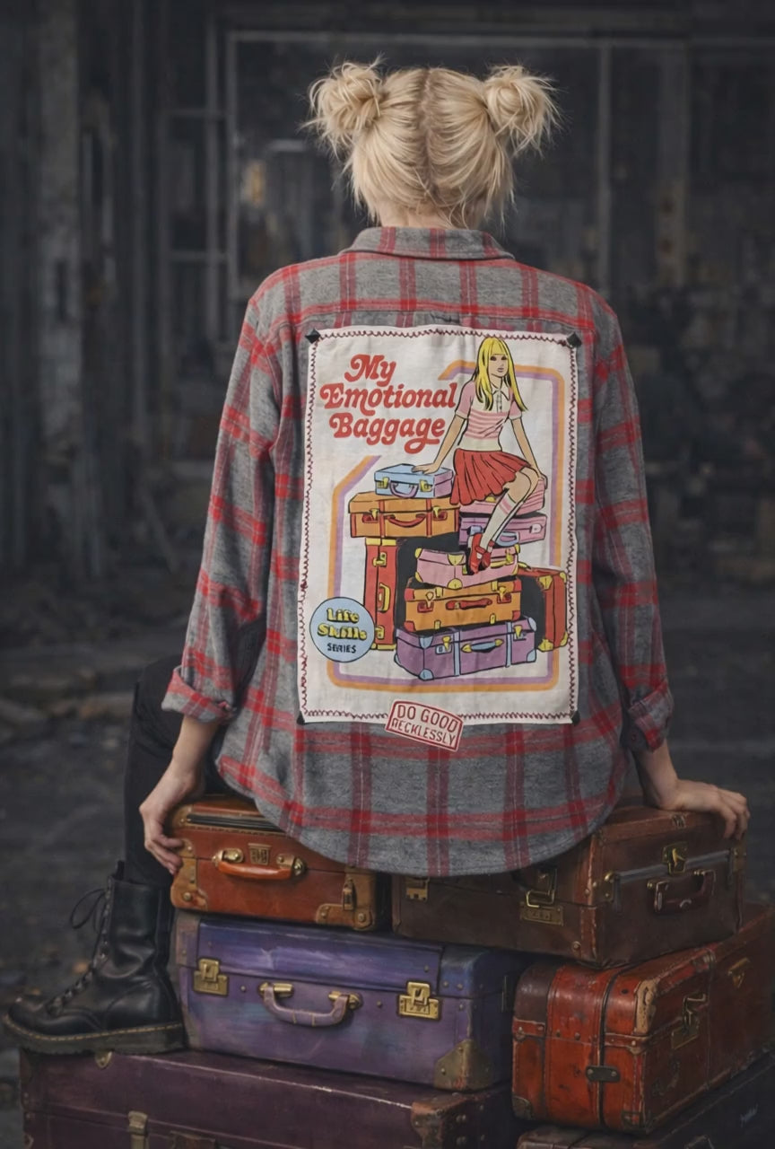 Broken Bandit “My Emotional Baggage” Upcycled Flannel – Gray & Red Plaid Graphic Flannel Jacket – Unisex XL