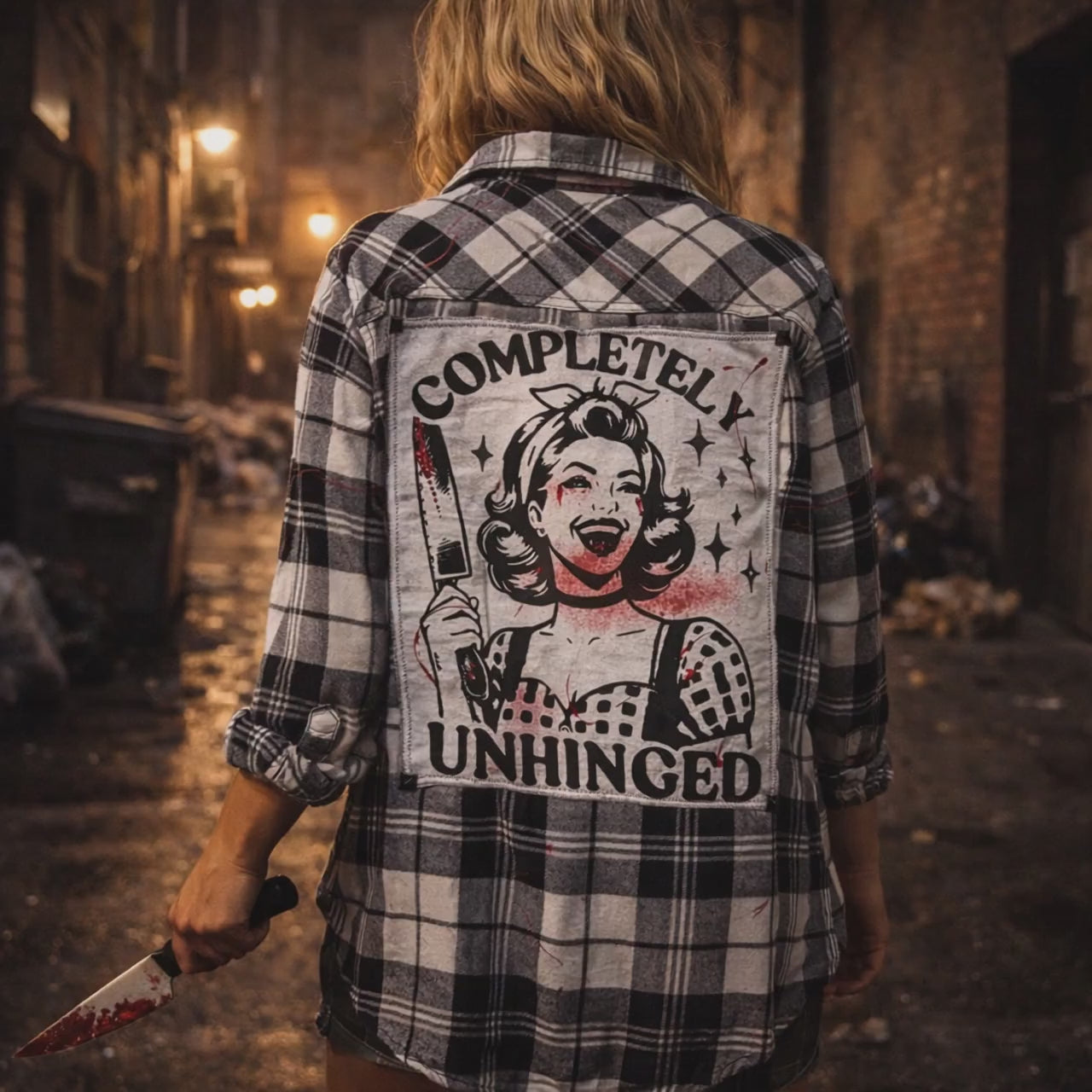 Broken Bandit “Completely Unhinged” Rhinestone Horror Flannel – Red Paint Splatter Upcycled Unisex Medium
