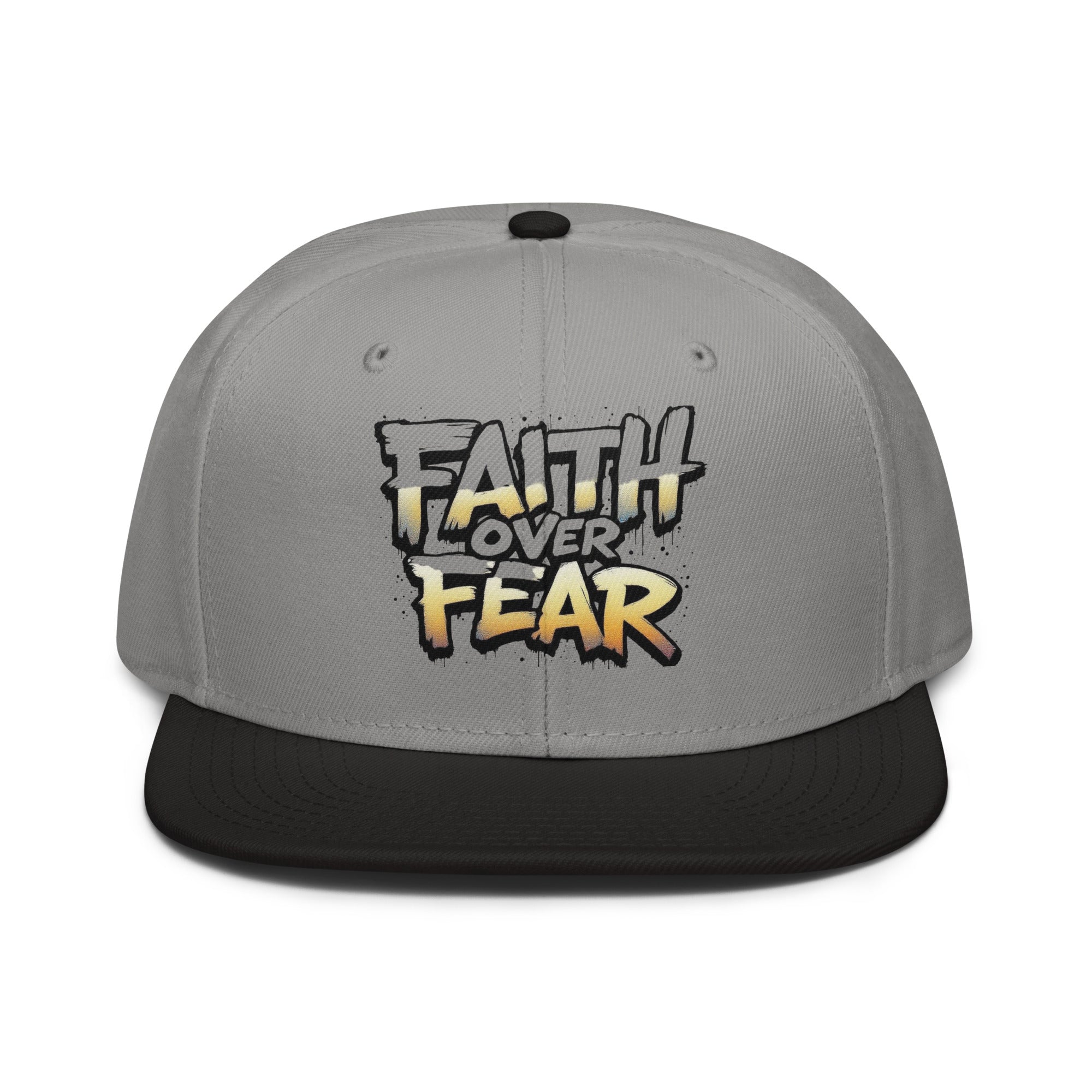 Faith Over Fear - Snapback Hat featuring bold graphic design on a gray cap with black brim.