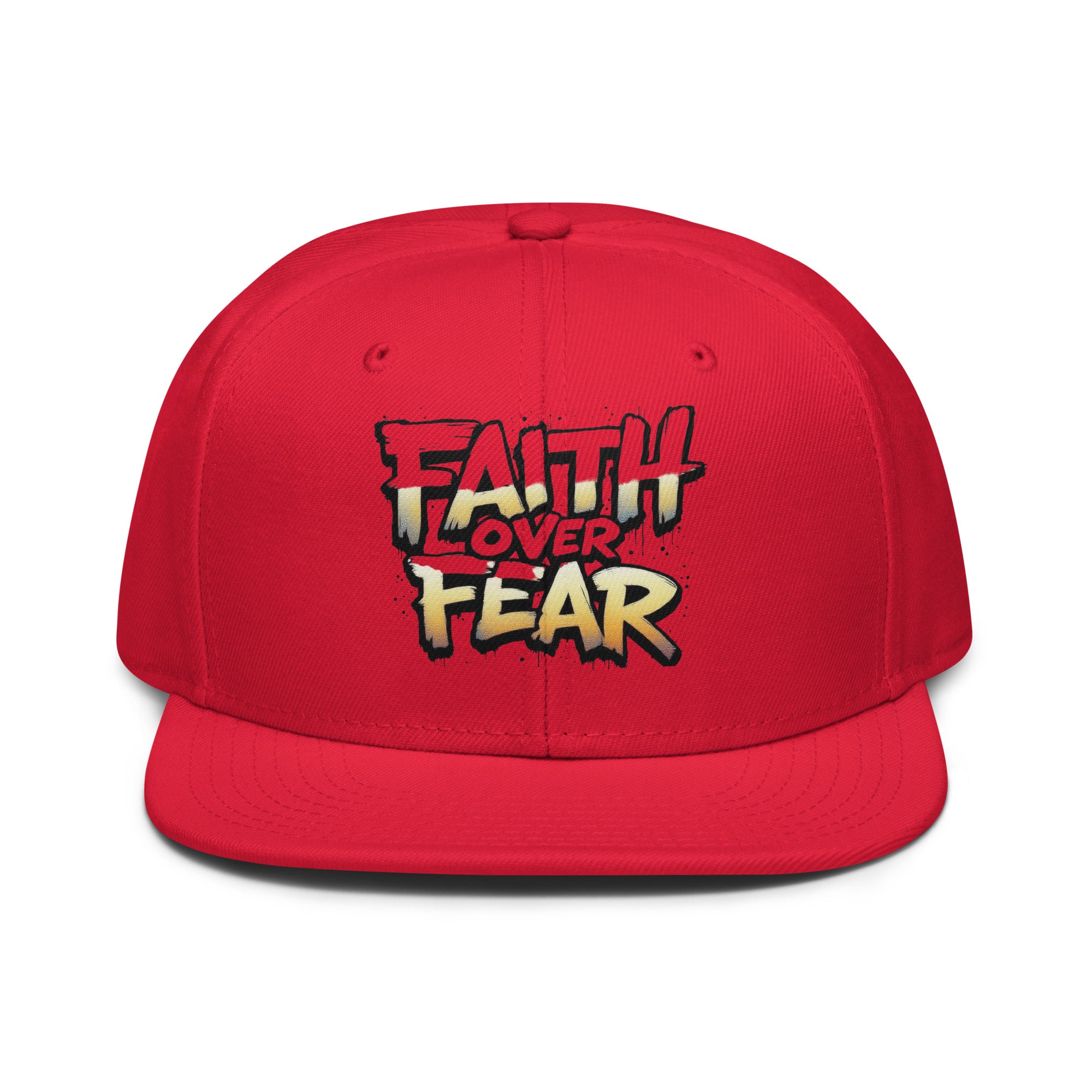 Faith Over Fear - Snapback Hat in vibrant red with bold lettering design.